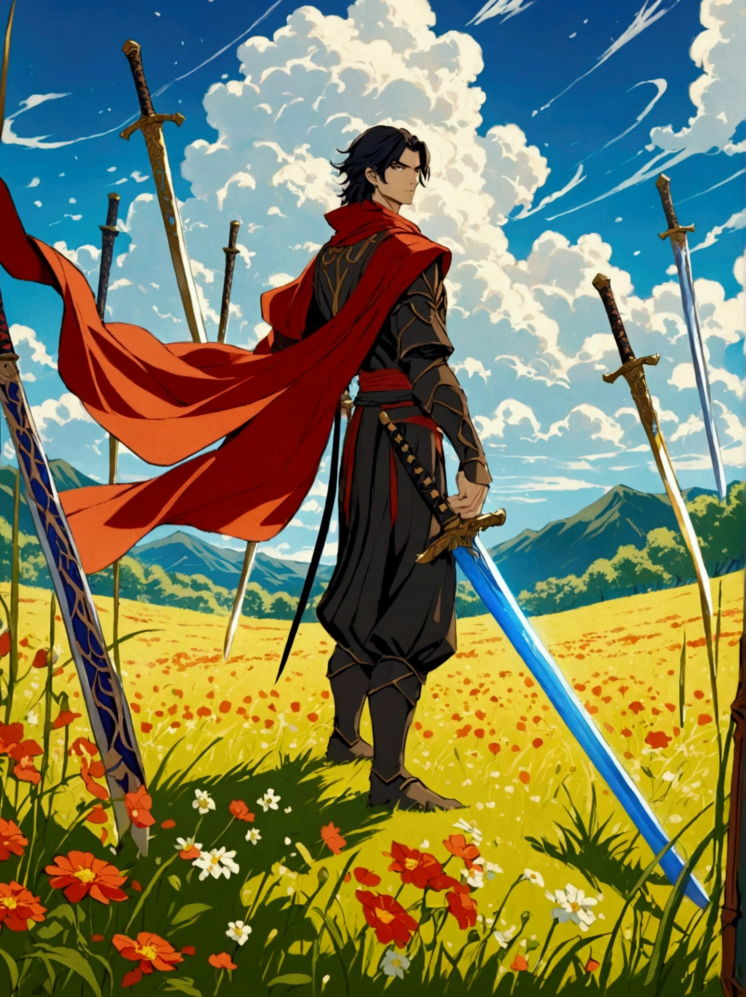 A standing figure of a male character resembling a sorcerer from a popular animated fantasy series, dressed in simplistic battle attire, located in a sword-infused meadow. The art style should mimic traditional Japanese animation, with strong outlines and vivid colors resonant of original animated series. The viewer's perspective should be from a low viewpoint to present the magnitude of the meadow and accentuate the swords around the character. The atmosphere should hint towards the fantastical, accentuating the magical components and epic demeanor of the scenario.
