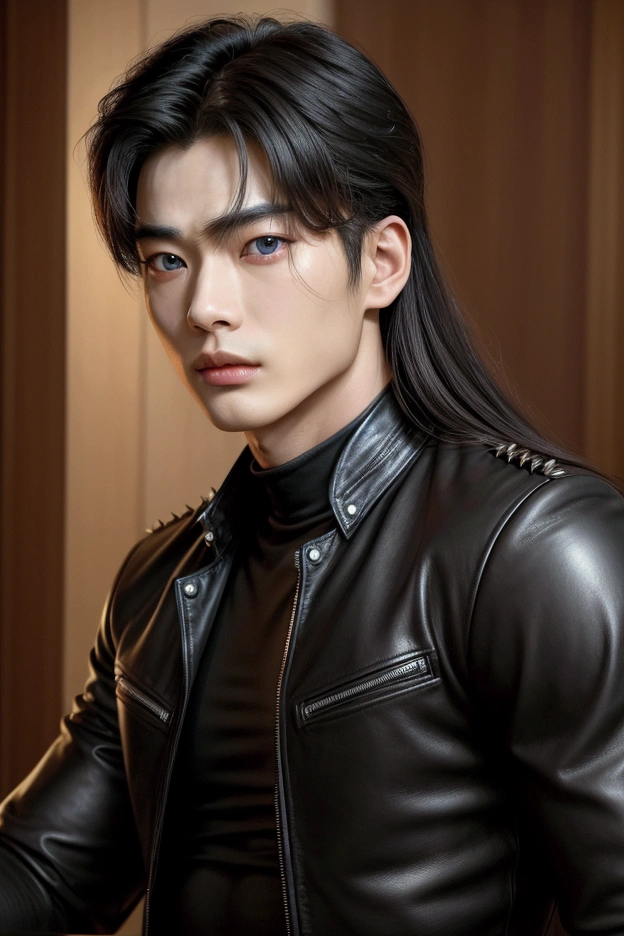 ((superiority pose)), ((powerful man)), very luxurious in the image, highly detailed image. ((one men)), 30 year old boy, youthful appearance, perfect masculine appearance, face detailed, clear blue eyes, seducing gaze, defined chin, Serious countenance, marked nose, marked jaw, beautiful face, young male face. Bblack hair, detailed hair, men's haircut. perfect male body, broadshouldered, toned chest, defined abs, toned body. Wearing a leather jacket with Spikes, leather jacket, black leather pants, Gothic look. Face with Korean features, tilted eyes, Asian appearance, Asian facial features, Eun Woo's face, Striking a masculine pose, staring at the viewer, ((Eun Woo's face)), asian features, asian man, masculine, ((long hair)),