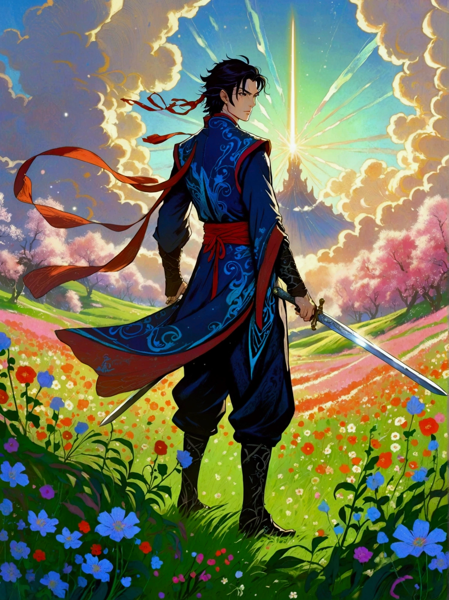 A standing figure of a male character resembling a sorcerer from a popular animated fantasy series, dressed in simplistic battle attire, located in a sword-infused meadow. The art style should mimic traditional Japanese animation, with strong outlines and vivid colors resonant of original animated series. The viewer's perspective should be from a low viewpoint to present the magnitude of the meadow and accentuate the swords around the character. The atmosphere should hint towards the fantastical, accentuating the magical components and epic demeanor of the scenario.