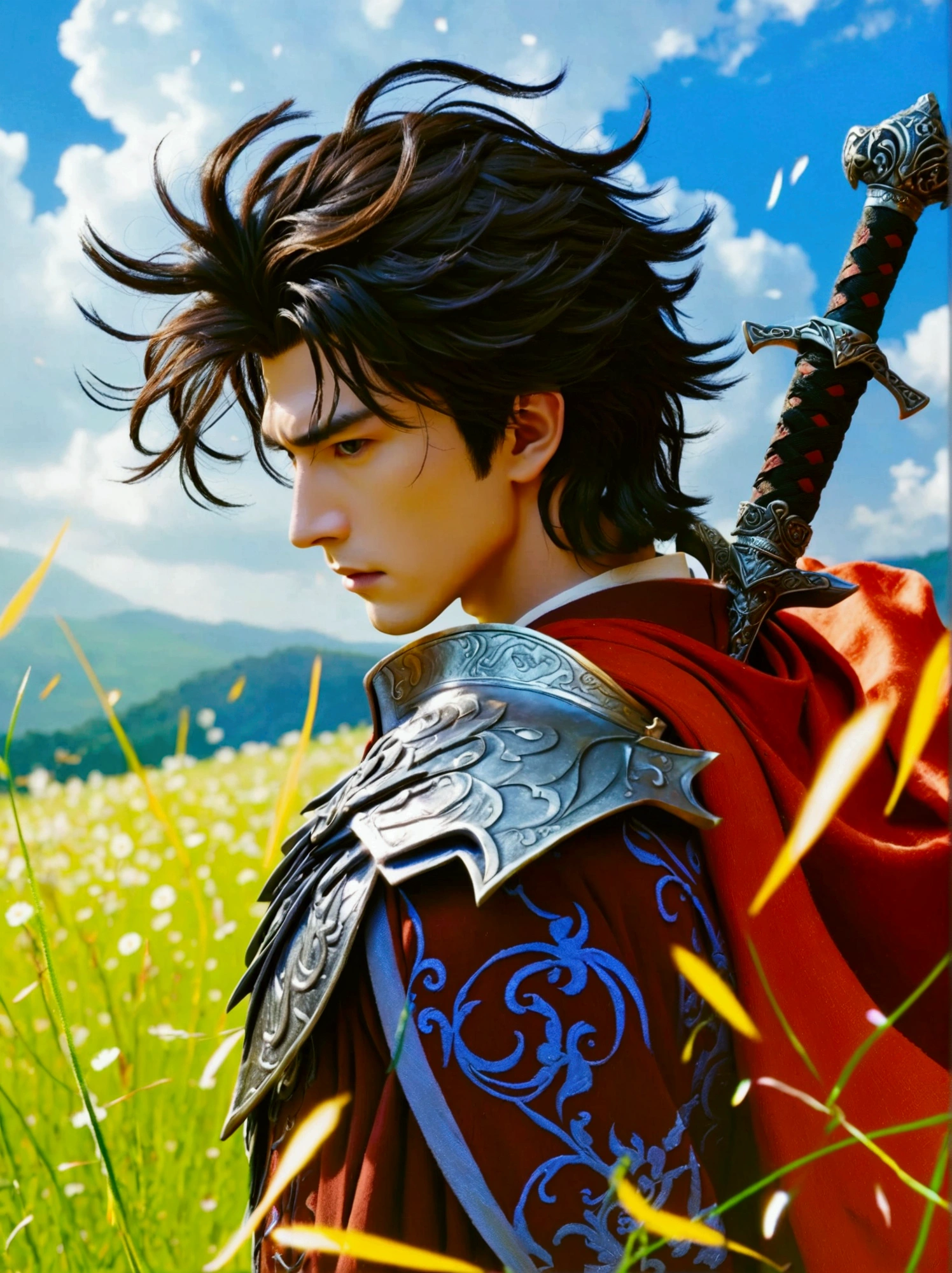 A standing figure of a male character resembling a sorcerer from a popular animated fantasy series, dressed in simplistic battle attire, located in a sword-infused meadow. The art style should mimic traditional Japanese animation, with strong outlines and vivid colors resonant of original animated series. The viewer's perspective should be from a low viewpoint to present the magnitude of the meadow and accentuate the swords around the character. The atmosphere should hint towards the fantastical, accentuating the magical components and epic demeanor of the scenario.