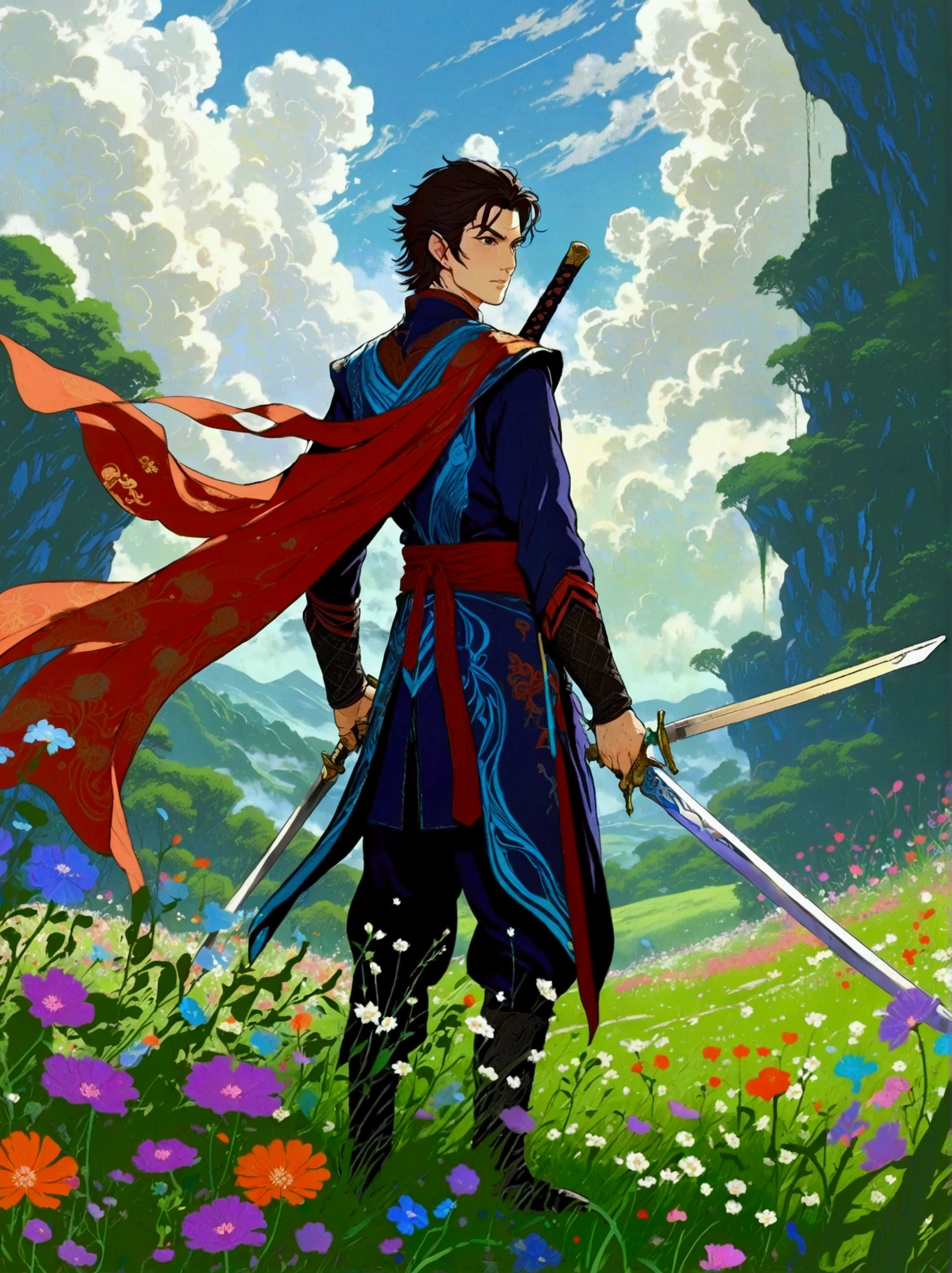 A standing figure of a male character resembling a sorcerer from a popular animated fantasy series, dressed in simplistic battle attire, located in a sword-infused meadow. The art style should mimic traditional Japanese animation, with strong outlines and vivid colors resonant of original animated series. The viewer's perspective should be from a low viewpoint to present the magnitude of the meadow and accentuate the swords around the character. The atmosphere should hint towards the fantastical, accentuating the magical components and epic demeanor of the scenario.