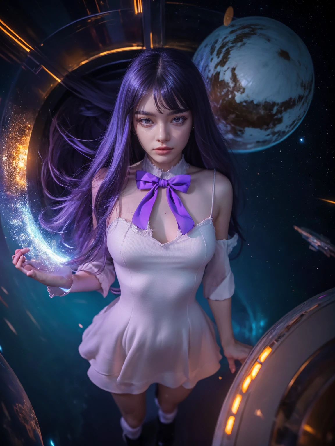 (1 lady), (Best quality at best:1.4), (ultra - detailed), (extremely detailed CG unified 16k), A Beautiful Woman with Perfect Figure: 1.4, Sharp Focus: 1.2, purple hair, very detailed, High-definition RAW color photo, professional photoshooting, amazing face and eyes, cosmetics, (amazingly beautiful girl), ((frederica bernkastel)), NOT Dasha Taran, ((exact clothes: dress, bowtie, mary janes, socks, cat tail, tail bow, tail ornament)), levitating in a cute posture, (floating in space), (She's levitating in a cosmic sea, outer space:1.3, quantum hyperspace room lacking walls, hyperspace chamber, extremely detailed background, a lot of details background, realistic background), (look from above), realistic cinematic face, head to feet long wide zoomed out view, full body long view, photorealistic, ((realistic natural purple hair style, purple eyes)), gorgeous, extremely beautiful face, perfect model beauty, pout mouth, Highly Detailed Face and Skin Texture, Detailed Eyes, Double Eyelids, Big Breasts, Expressionless, (masterpiece), best quality, high resolution, extremely detailed, cinematic lighting, amazing legs, high heels, clear and well-cared skin, pale skin