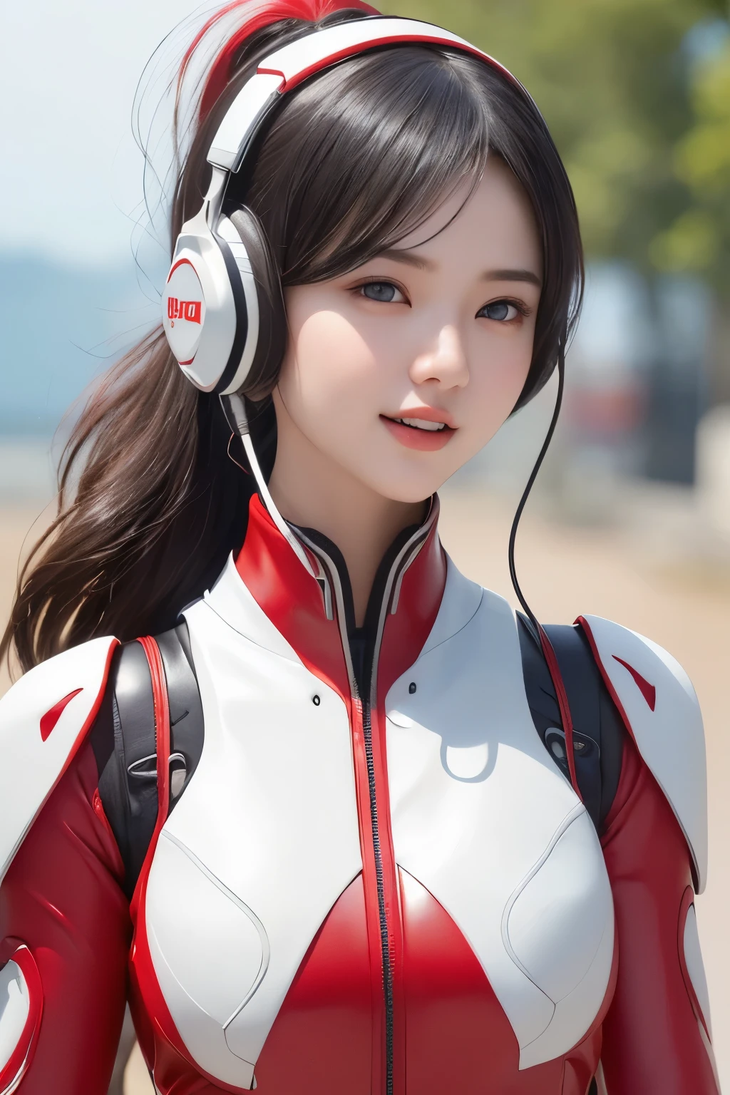 Top Quality, Masterpiece, Ultra High Resolution, (Photorealistic: 1.4), Raw Photo, 1 Girl, Black Hair, Glossy Skin, 1 Mechanical Girl, (((Ultra Realistic Details)), Portrait, Global Illumination, Shadows, Octane Rendering, 8K, Ultra Sharp, Intricate Ornaments Details, realistic skin, sweat effect, ((wearing Headphone)), very intricate detail, realistic light, CGSoation trend, brown eyes, glowing eyes, matte red and glossy white mechanical bodysuit, Long hair, black hair, Ponytail hair, Half body shot, spaceship bridge background, dynamic pose, cute smile, close up, Open Mouth, red collar, white suit