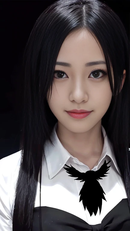 Produce the highest quality artwork (1.2) that shows a close-up of the eyes in an emphasis on dark horror movie elements. The image should feature a single character, standing alone, in **Shiny black hair** and **deep, Black eyes**, a fringe and medium-sized breasts. She should be dressed in a white shirt and tie, Has a distinctive anime style. The character should have an intense gaze and a slightly mischievous smile and should be looking directly at the viewer as if in an interview (interview: 1.3). The background should be dark in the presence of Crow (Crow: 1.3) and should be blurred to give a realistic effect (Dark Background, Blurred Background).