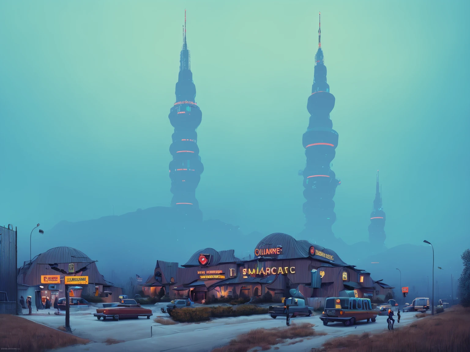 (lora:21Stalenhag:1),(masterpiece), (best quality), (ultra-detailed), (best illustration), (best shadow), (absurdres),((draw by Simon Stlenhag)), Simon Stlenhag style,SIMON STÅLENHAG,(((science fiction city))),focus on the giant tower, Americana Architecture,diner