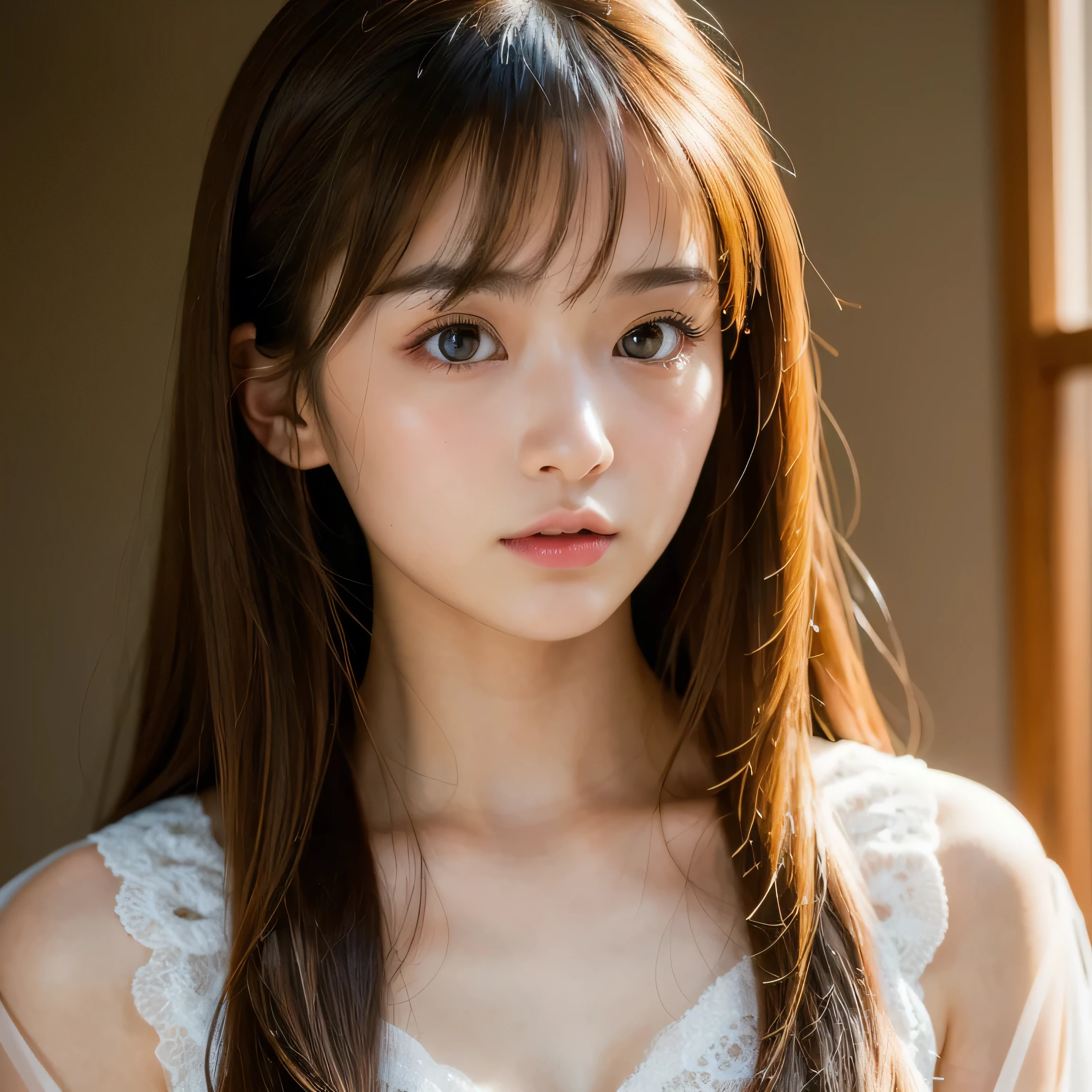 best quality, face focus, soft light, ultra high res, (photorealistic:1.4), RAW photo, 1japanese girl, solo, cute, (pupil, lights in the eyes), detailed beautiful face, (small chest),(high resolution detail of human skin texture), (long hair), indoor, Damask Shirt Dress, (portrait), 24 years old,