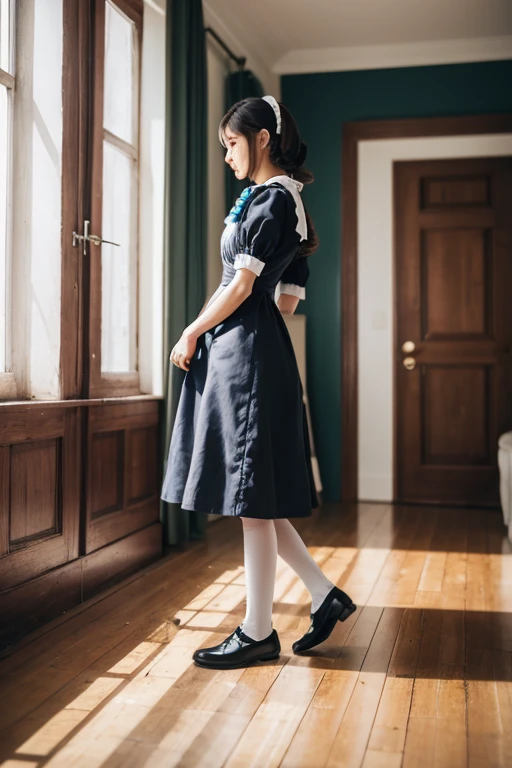 A woman is standing on the floor wearing a maid's uniform, alone, panties, underwear, skirt, (shiny dark pink satin panties:1.3)、panties that cover the butt、garter belt, Lie in, Knee socks, skirt lift, Recall, Realistic , (Show the crack of the buttocks:1.2) , (hand in panty:1.4)