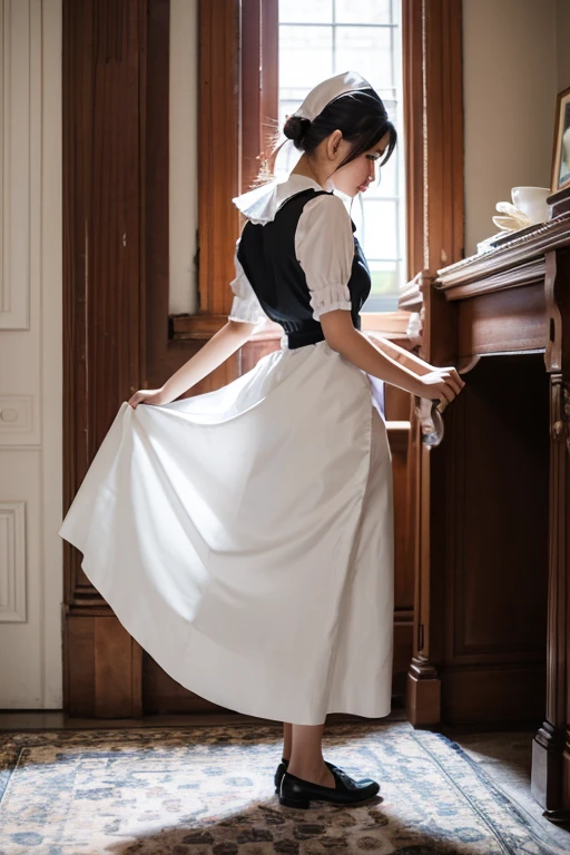 A woman is standing on the floor wearing a maid&#39;s uniform, alone, panties, underwear, skirt, (shiny dark pink satin panties:1.3)、panties that cover the butt、garter belt, Lie in, Knee socks, skirt lift, Recall, Realistic ,  (Show the crack of the buttocks:1.2) , (hand in panty:1.4)