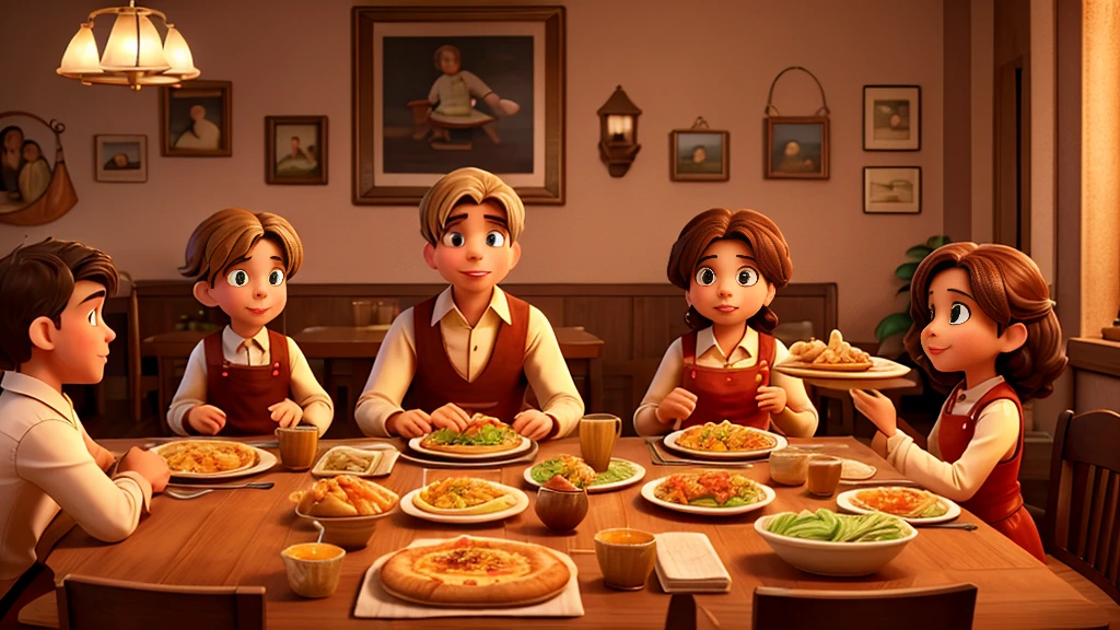 Depict a family dinner scene where Oliver's eyes are wide with excitement as he looks at a table filled with delicious food, including spaghetti, fried chicken, and pizza. His mother is serving the food, and the family is seated around the table in a cozy dining room with a cheerful atmosphere."
