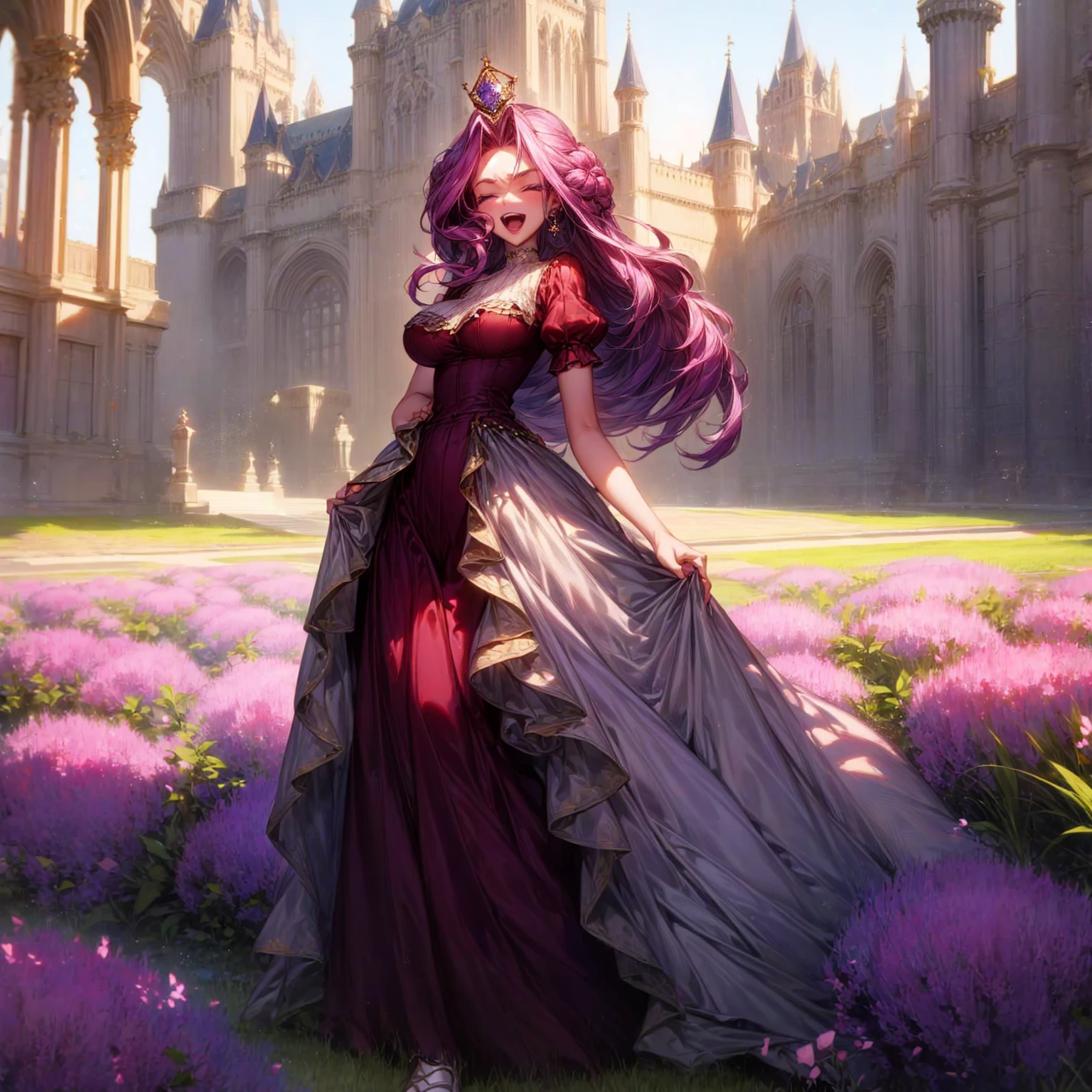 Solo character, full body version, detailed background, detailed clothing, detailed hair, detailed face detailed gesture, girl, purple eyes, lavender color hair, long haircut, long dress Victorian, red color dress, shoes, diamond earrings, outdoor, Castle park, sunlight, close eyes, happy, open mouth, laugh, standing gesture, big Breast, diamond crown