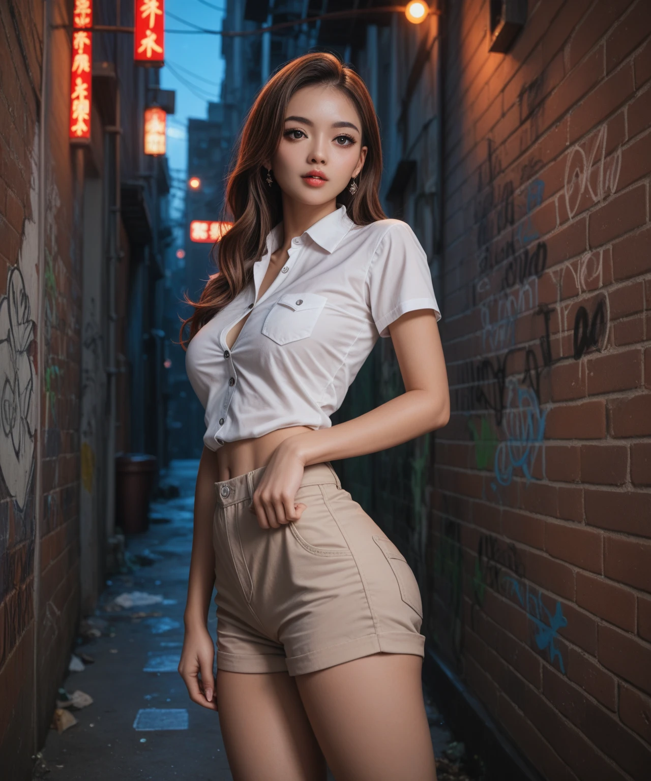 beautiful sexy anime girl with long brown hair, wearing white short sleeve button up collared shirt & beige khaki shorts, in a abandoned urban dark alley at night time, red lights, Chinese graffiti on walls, 1girl
