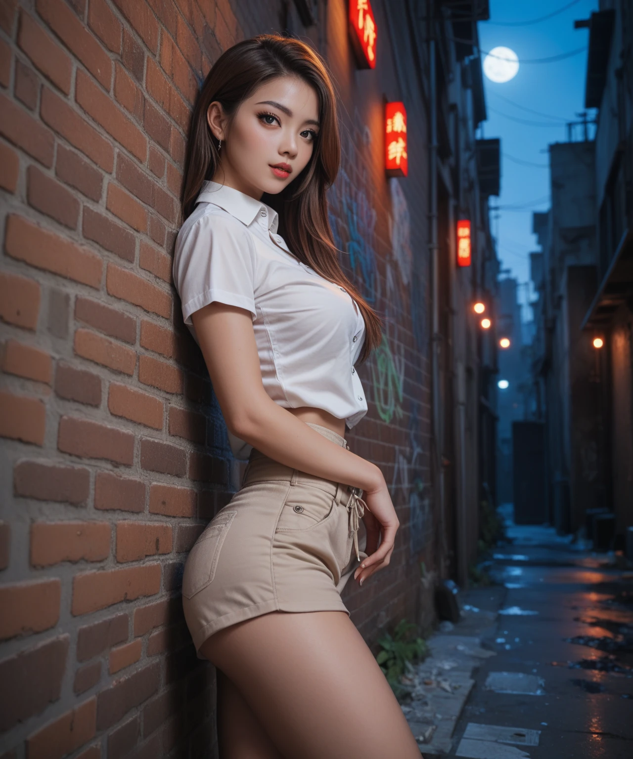 beautiful sexy anime girl with long brown hair, wearing white short sleeve button up collared shirt & beige khaki shorts, in a abandoned urban dark alley at night time, red lights, Chinese graffiti on walls, 1girl