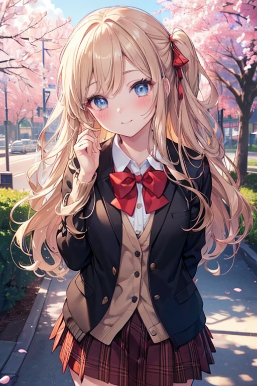 ((masterpiece, highest quality, High resolution, UHD, perfect pixel, Depth of bounds written, 4K, rtx, HDR))), 1 girl, single, alone, beautiful anime girl, beautiful art style, anime character, ((long hair, bangs, dark blonde hair, curly hair:0.4, Simple hairpin)), ((blue eyes:1.4, round eyes, beautiful eyelashes, realistic eyes)), ((detailed face, blush:1.2)), ((smooth texture:0.75, realistic texture:0.65, realistic:1.1, Anime CG style)), medium breasts, ((dynamic angle, throw, close)), perfect body, ((red bow tie, school uniform, black jacket, open jacket, Brown cardigan, white shirt, black skirt, plaid skirt)), smile, amusement park, put your hands behind your back, leaning forward, cherry blossoms