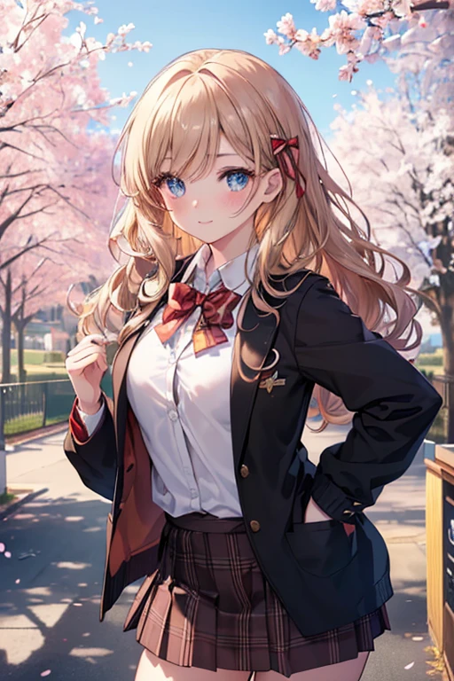 ((masterpiece, highest quality, High resolution, UHD, perfect pixel, Depth of bounds written, 4K, rtx, HDR))), 1 girl, single, alone, beautiful anime girl, beautiful art style, anime character, ((long hair, bangs, dark blonde hair, curly hair:0.4, Simple hairpin)), ((blue eyes:1.4, round eyes, beautiful eyelashes, realistic eyes)), ((detailed face, blush:1.2)), ((smooth texture:0.75, realistic texture:0.65, realistic:1.1, Anime CG style)), medium breasts, ((dynamic angle, throw, close)), perfect body, ((red bow tie, school uniform, black jacket, open jacket, Brown cardigan, white shirt, black skirt, plaid skirt)), smile, amusement park, put your hands behind your back, leaning forward, cherry blossoms