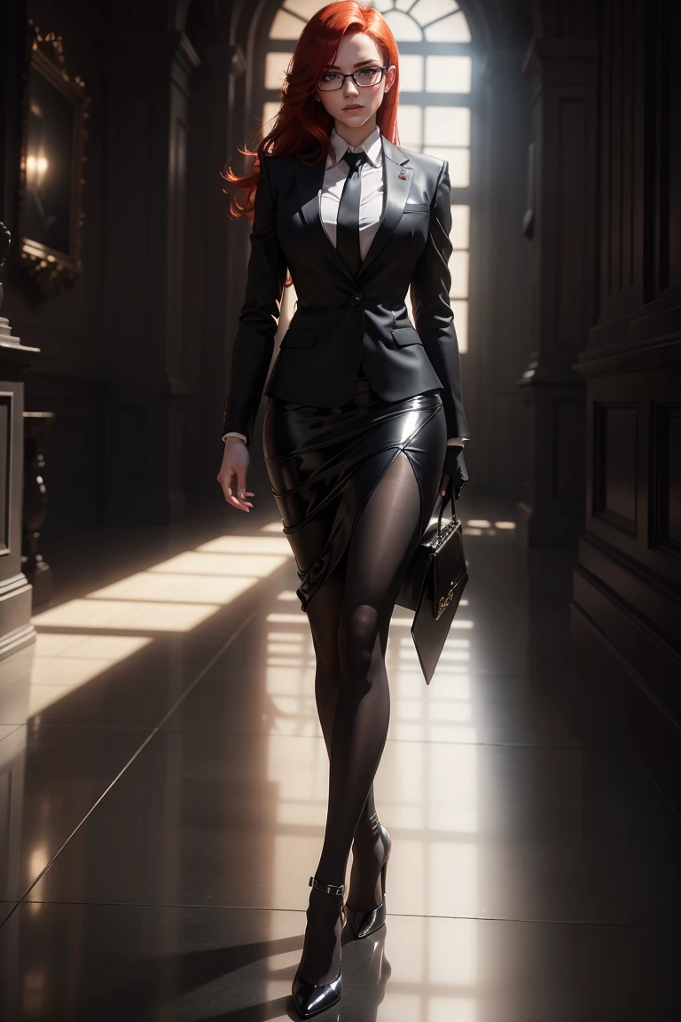 masterpiece, Best quality, red hair, sfKolin, Glasses, black suit with shiny skirt, tie, black gloves, I look at the viewer, high heels, Indirect lighting, volumetric light, Ray tracing, Hyper-detailed, Best quality, ultra high resolution,