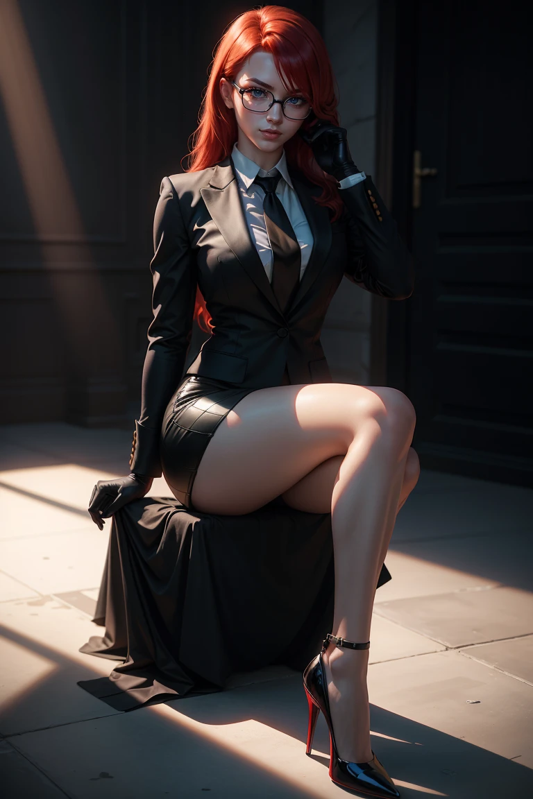 masterpiece, Best quality, red hair, sfKolin, Glasses, black suit with shiny skirt, tie, black gloves, I look at the viewer, high heels, Indirect lighting, volumetric light, Ray tracing, Hyper-detailed, Best quality, ultra high resolution, 