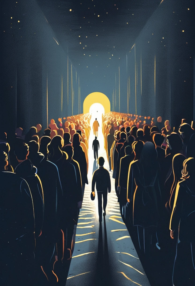 illustration of many people walking in a dark room towards a bright light. describes someone who is depressed and looking for hope.