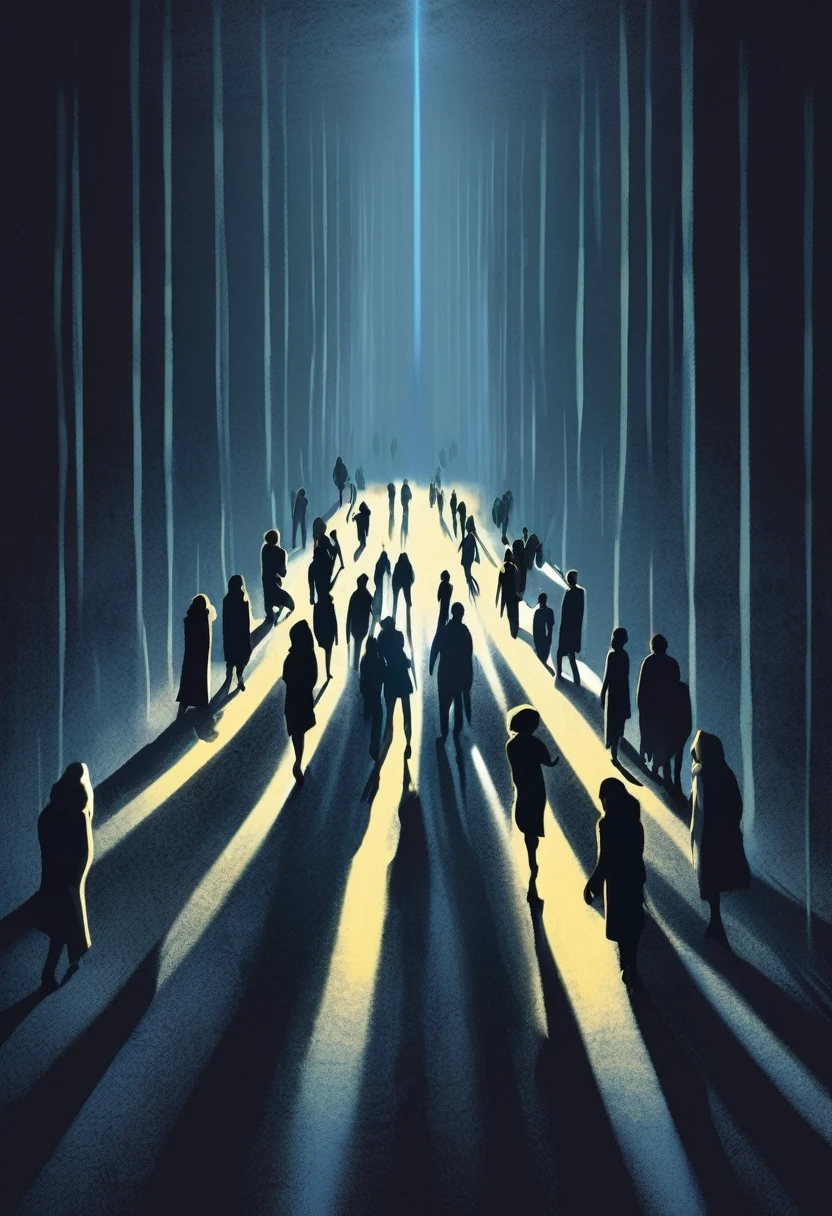 illustration of many people walking in a dark room towards a bright light. describes someone who is depressed and looking for hope.