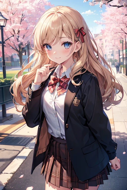 ((masterpiece, highest quality, High resolution, UHD, perfect pixel, Depth of bounds written, 4K, rtx, HDR))), 1 girl, single, alone, beautiful anime girl, beautiful art style, anime character, ((long hair, bangs, dark blonde hair, curly hair:0.4, Simple hairpin)), ((blue eyes:1.4, round eyes, beautiful eyelashes, realistic eyes)), ((detailed face, blush:1.2)), ((smooth texture:0.75, realistic texture:0.65, realistic:1.1, Anime CG style)), medium breasts, ((dynamic angle, throw, close)), perfect body, ((red bow tie, school uniform, black jacket, open jacket, Brown cardigan, white shirt, black skirt, plaid skirt)), smile, amusement park, put your hands behind your back, leaning forward, cherry blossoms