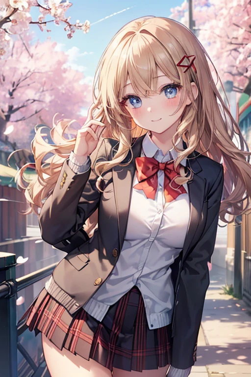 ((masterpiece, highest quality, High resolution, UHD, perfect pixel, Depth of bounds written, 4K, rtx, HDR))), 1 girl, single, alone, beautiful anime girl, beautiful art style, anime character, ((long hair, bangs, dark blonde hair, curly hair:0.4, Simple hairpin)), ((blue eyes:1.4, round eyes, beautiful eyelashes, realistic eyes)), ((detailed face, blush:1.2)), ((smooth texture:0.75, realistic texture:0.65, realistic:1.1, Anime CG style)), medium breasts, ((dynamic angle, throw, close)), perfect body, ((red bow tie, school uniform, black jacket, open jacket, Brown cardigan, white shirt, black skirt, plaid skirt)), smile, amusement park, put your hands behind your back, leaning forward, cherry blossoms