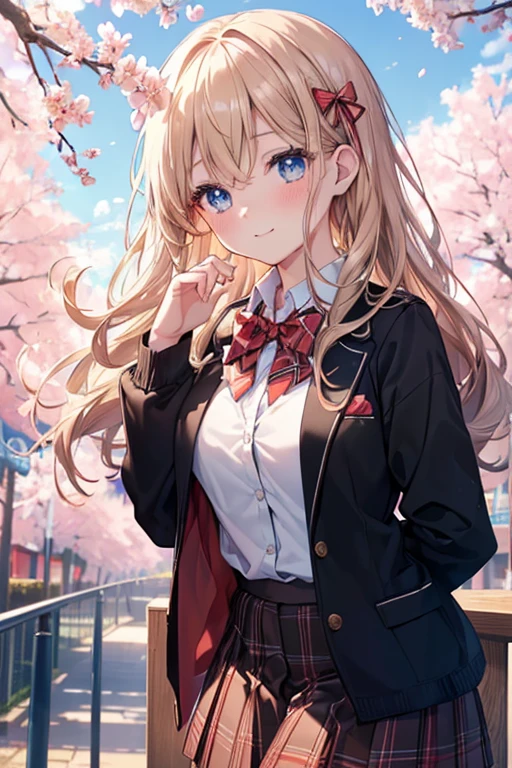((masterpiece, highest quality, High resolution, UHD, perfect pixel, Depth of bounds written, 4K, rtx, HDR))), 1 girl, single, alone, beautiful anime girl, beautiful art style, anime character, ((long hair, bangs, dark blonde hair, curly hair:0.4, Simple hairpin)), ((blue eyes:1.4, round eyes, beautiful eyelashes, realistic eyes)), ((detailed face, blush:1.2)), ((smooth texture:0.75, realistic texture:0.65, realistic:1.1, Anime CG style)), medium breasts, ((dynamic angle, throw, close)), perfect body, ((red bow tie, school uniform, black jacket, open jacket, Brown cardigan, white shirt, black skirt, plaid skirt)), smile, amusement park, put your hands behind your back, leaning forward, cherry blossoms