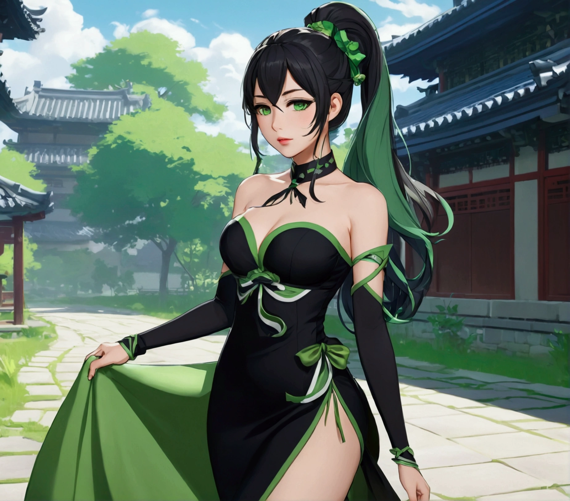 Xianyun (of the game: genshin impact), 1 woman, sideways walking through liyue, wearing her dress mixed between black and green revealing tight fitting elegant, Whole body (curved), long hair tied in a black and green ponytail, fine and delicate and beautiful face, green eyes, thin lips with green lipstick, style h anime 