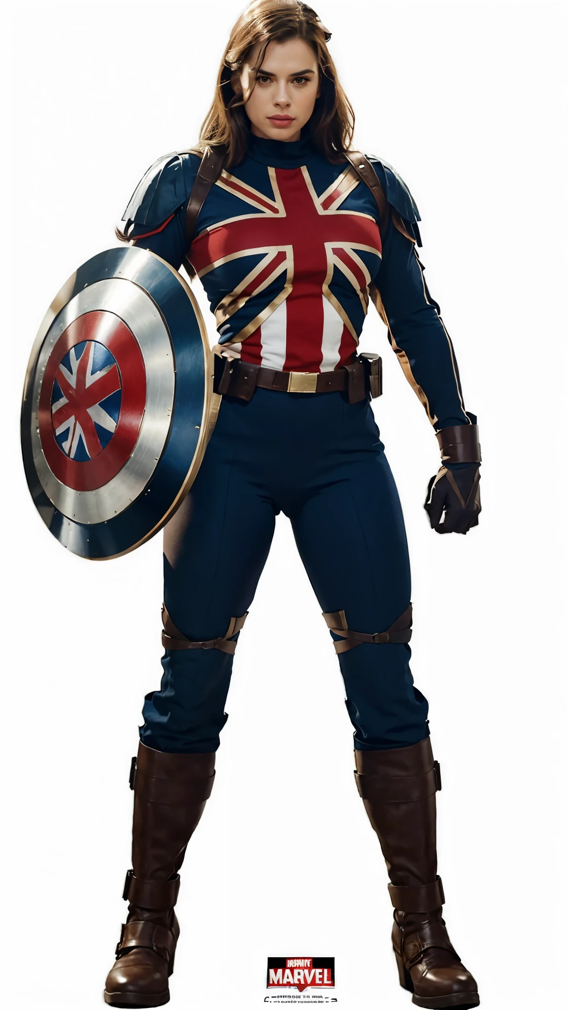 Mulher, Hayley Atwell como Capitã Carter, extremely lifelike, very beautiful, Holding Shield, british captain outfit, sexly, big-ass, legs thick, What If...? marvel