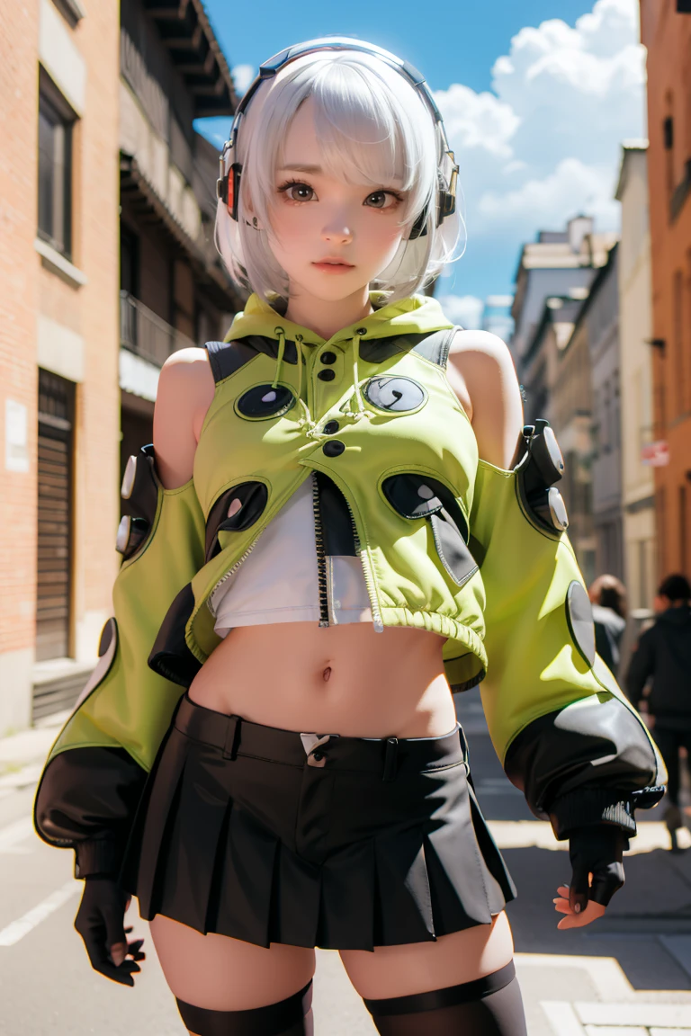 anbydemara, anby demara, (orange eyes:1.5), short hair, white hair,
BREAK bare shoulders, black gloves, black skirt, black thighhighs, fingerless gloves, gloves, green jacket, headphones, jacket, navel, skirt, stomach, thighhighs,
BREAK outdoors, city, sky, clouds, sun, buildings, crowd, people, alley,
BREAK looking at viewer, (cowboy shot:1.5),
BREAK (masterpiece:1.2), best quality, high resolution, unity 8k wallpaper, (illustration:0.8), (beautiful detailed eyes:1.6), extremely detailed face, perfect lighting, extremely detailed CG, (perfect hands, perfect anatomy),