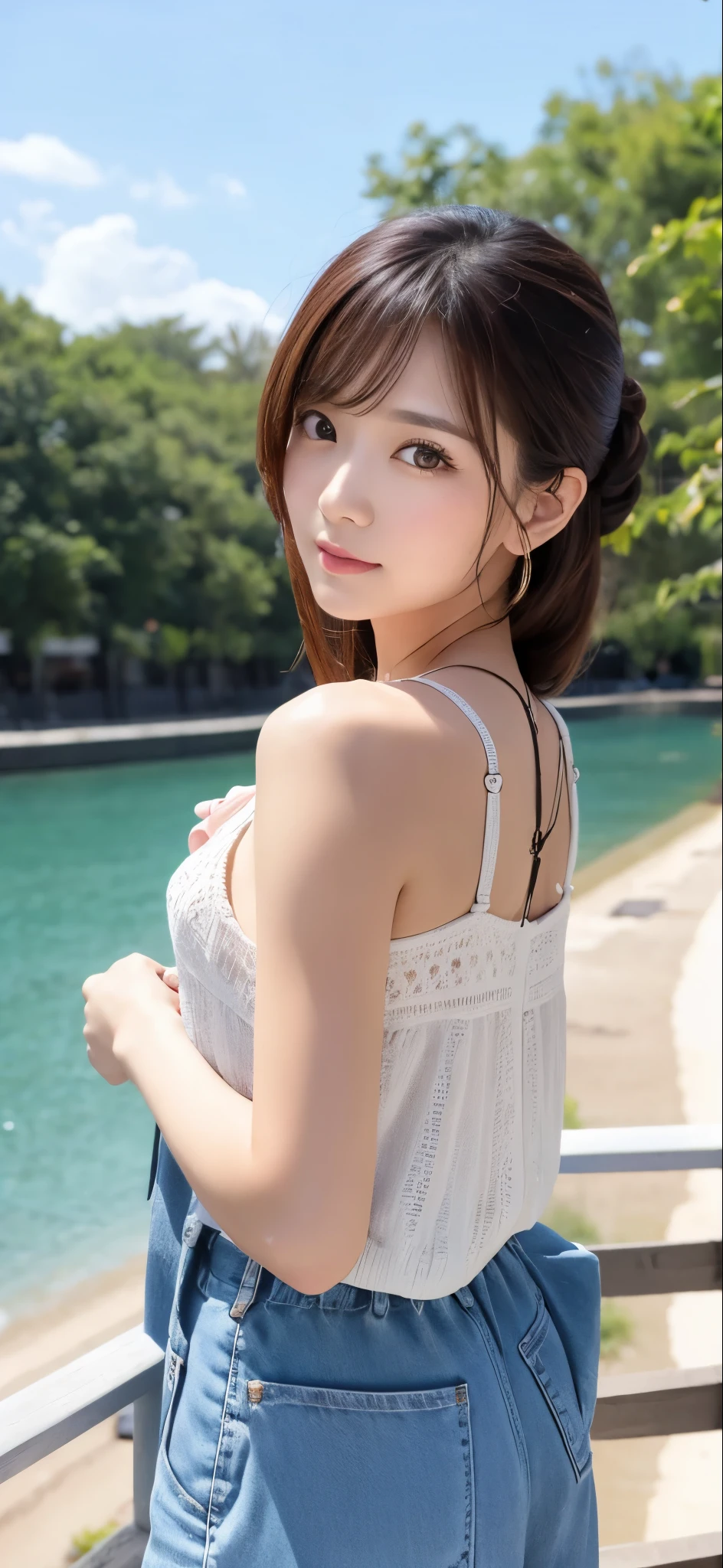 Only one adult woman。　Looking straight at the camera。Wearing fashionable summer clothes、Posing like a fashion model。