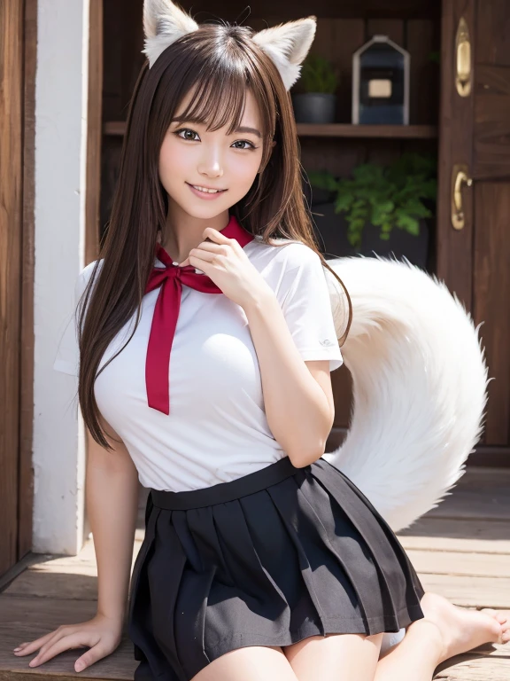 ((Highest quality, 8k)), ((masterpiece)), (Highest Resolution), Perfect Face, Fox Girl, high school girl, Beautiful woman, public, One tail, she has thick thighs, Big tail, She has a white  fox tail., She wags her tail, smile, Fur collar, She is wearing a short skirt, Beautiful Hips , Big Breasts, The skirt is rolled up at her tail, 四つん這いになって