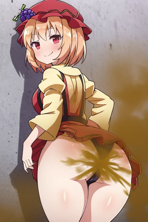 (Aki Minoriko), mob cap, Grapes, Grape Hat Ornament, Wide sleeves, Shirt, Apron, Seductive smile, Short hair, Red Eyes, thick eyelashes, wide hips, farting, butt, bottomless, hands against the wall, looking back at viewer, from behind,