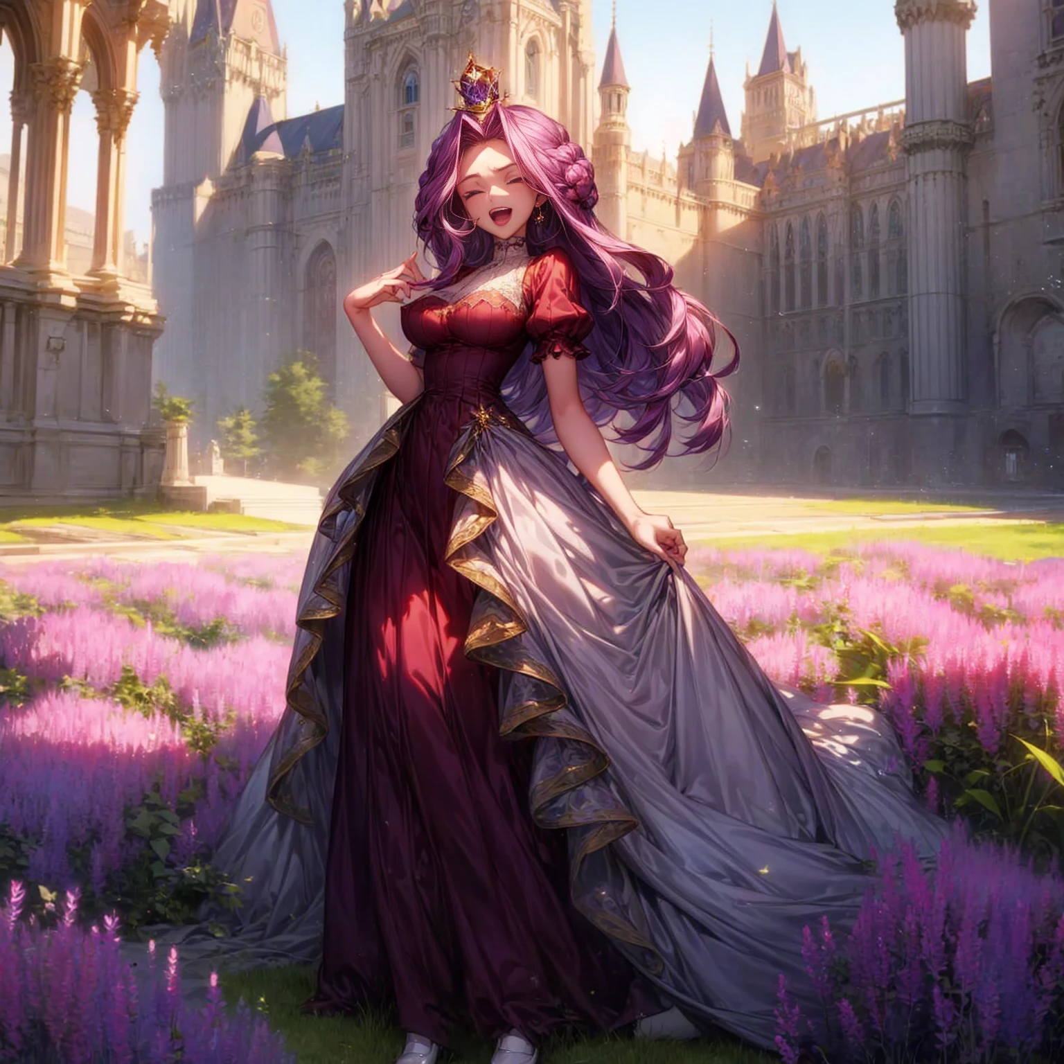 Solo character, full body version, detailed background, detailed clothing, detailed hair, detailed face detailed gesture, girl, purple eyes, lavender color hair, long haircut, long dress Victorian, red color dress, shoes, diamond earrings, outdoor, Castle park, sunlight, close eyes, happy, open mouth, laugh, standing gesture, big Breast, diamond crown