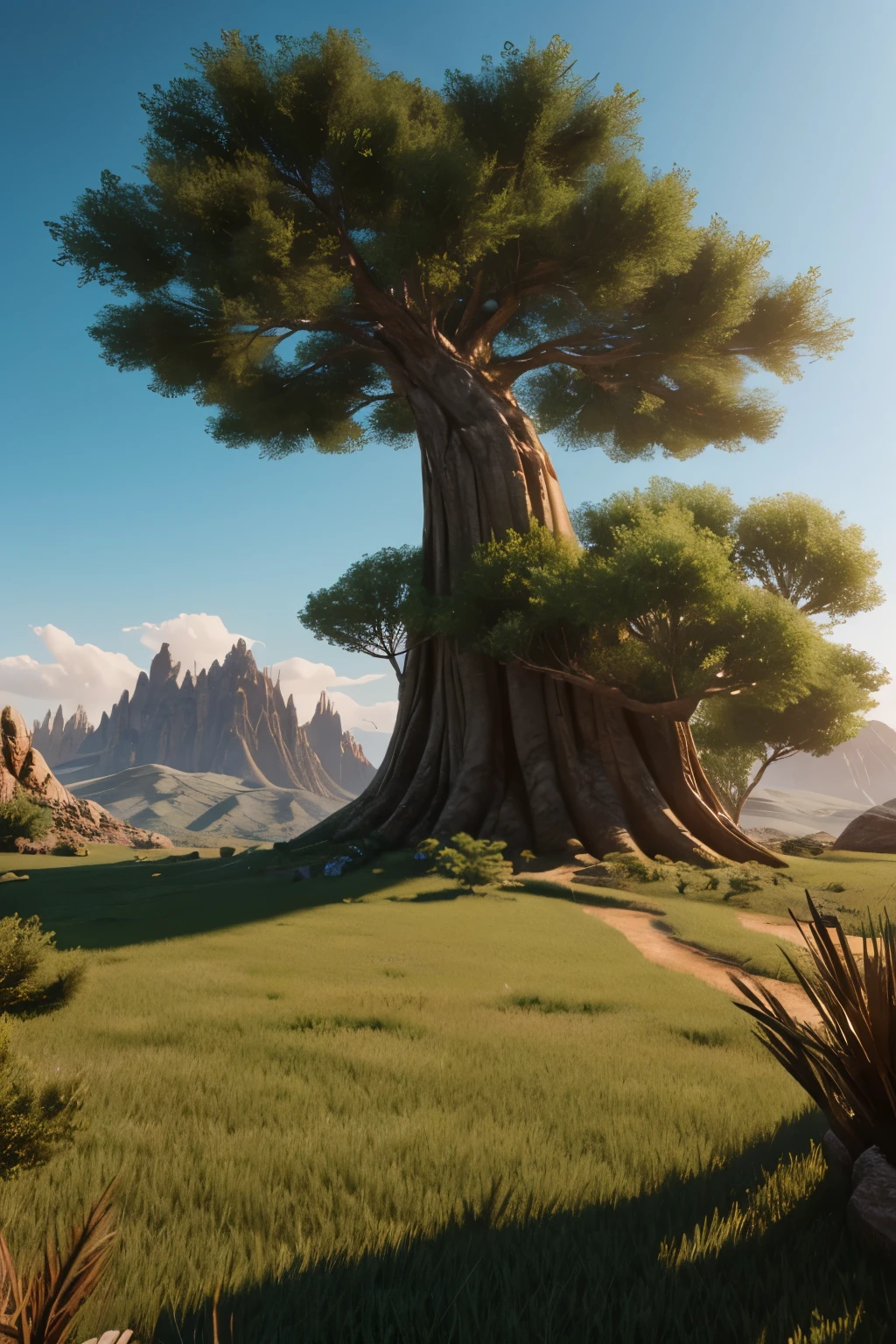 Zebaot, Giant epic fantasy tree, Huge mountain range, Movie Lenses, Wide-angle view, Practical, Delicate skin, 8K, Popular on artstation, Smooth, 3D Animation - ar2:1 --v 5 --q 2 --s 750
