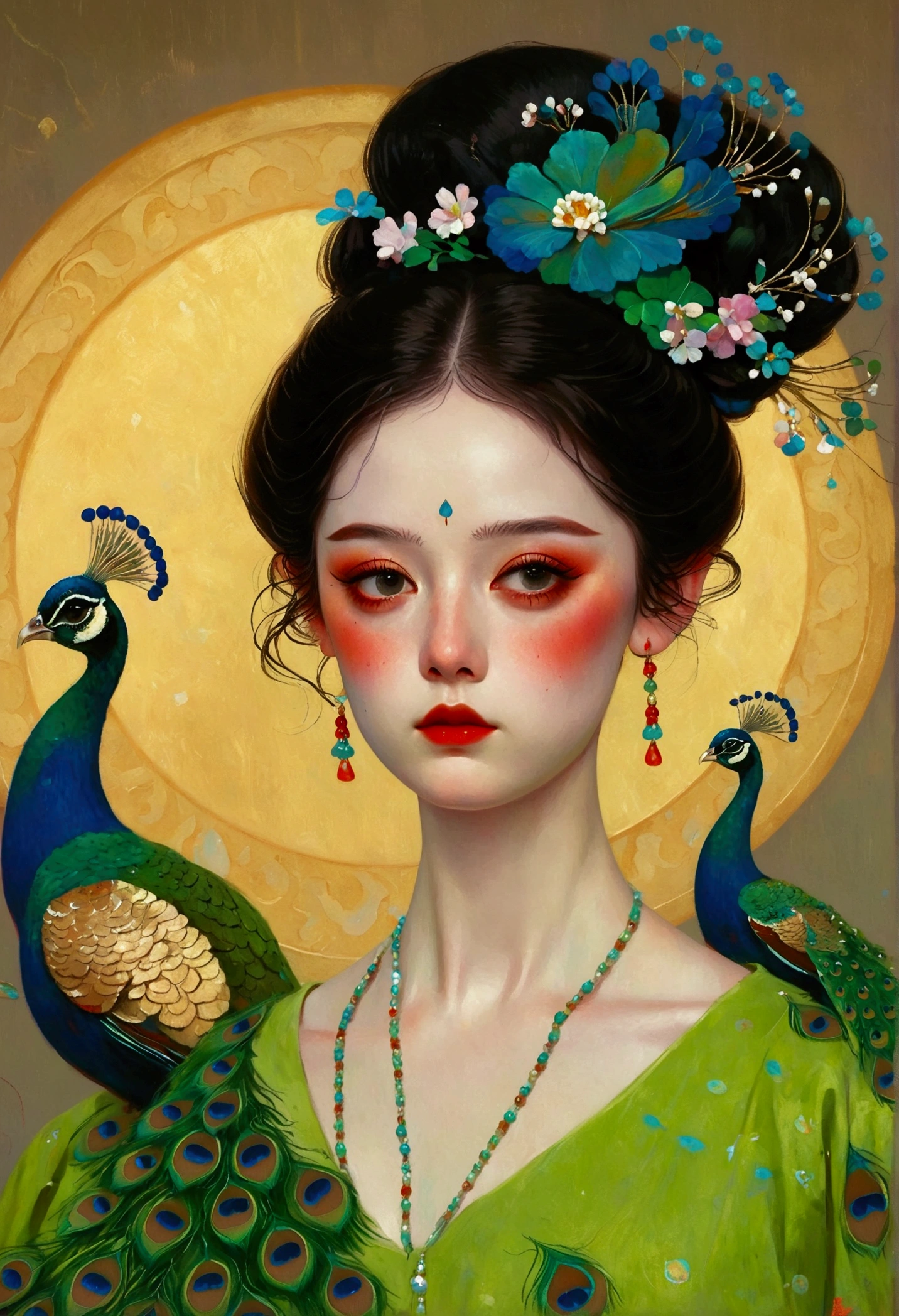 A painting，Fine-brush Painting：The painting shows a plump woman wearing a green peacock feather dress，A peacock perched on his shoulder, Tom Bagshaw Donato Giancora, Natalie Shaw Tom Bagshaw, Artgerm and Tom bAgshAw, Beautiful character painting,  tom bagshaw style