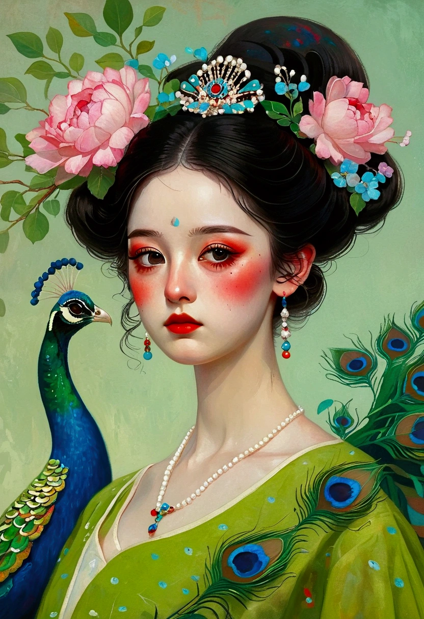 A painting,Fine-brush Painting:The painting shows a plump woman wearing a green peacock feather dress,A peacock perched on his shoulder, Tom Bagshaw Donato Giancora, Natalie Shaw Tom Bagshaw, Artgerm and Tom bAgshAw, Beautiful character painting, tom bagshaw style