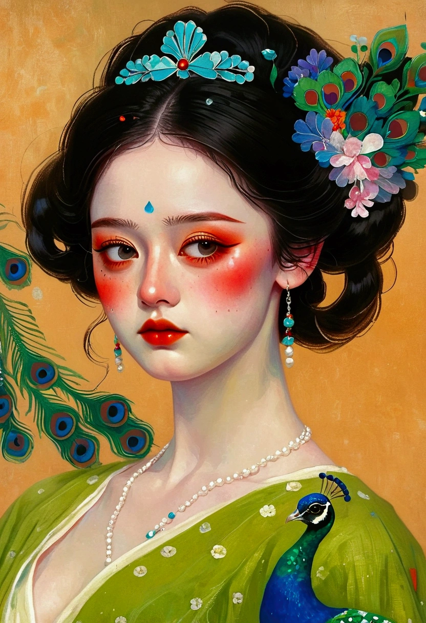 A painting,Fine-brush Painting:The painting shows a plump woman wearing a green peacock feather dress,A peacock perched on his shoulder, Tom Bagshaw Donato Giancora, Natalie Shaw Tom Bagshaw, Artgerm and Tom bAgshAw, Beautiful character painting, tom bagshaw style