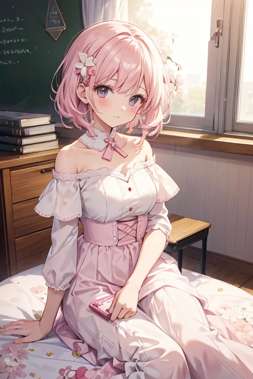 Short pink and white off-the-shoulder hair，Scallop white floral dress，Dignified and lovely teacher, Beautiful girl