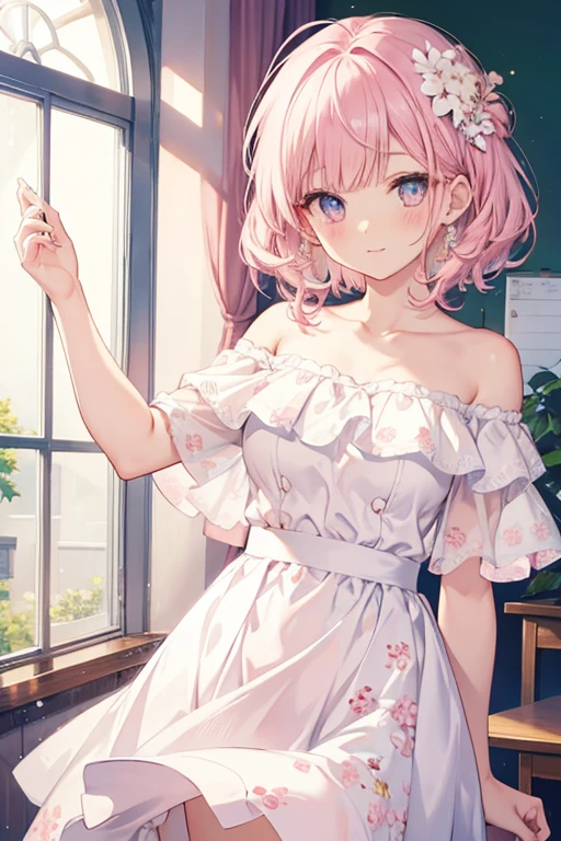 Short pink and white off-the-shoulder hair,Scallop white floral dress,Dignified and lovely teacher, Beautiful girl