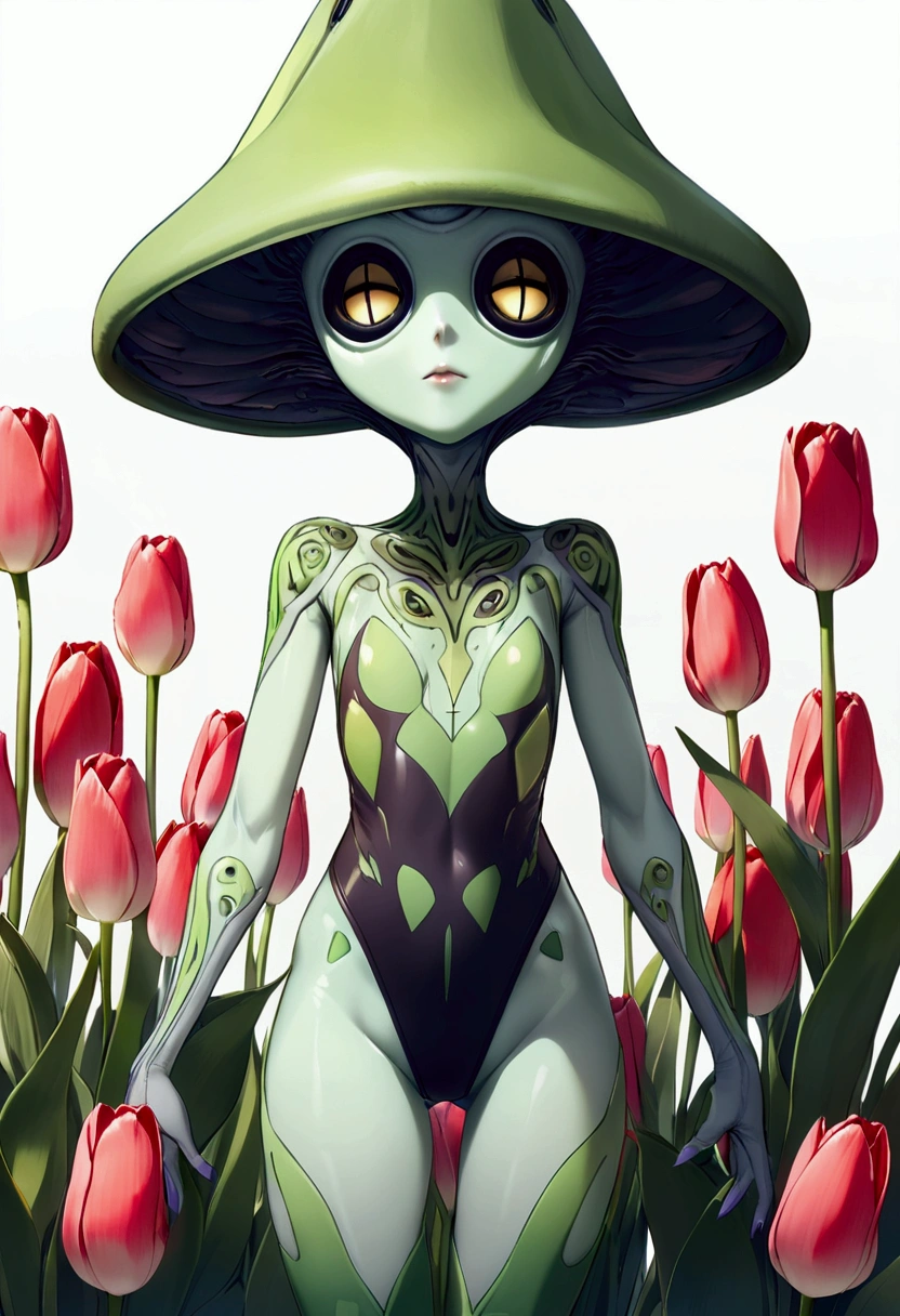 tulip alien with tulip printed dresses, green skin