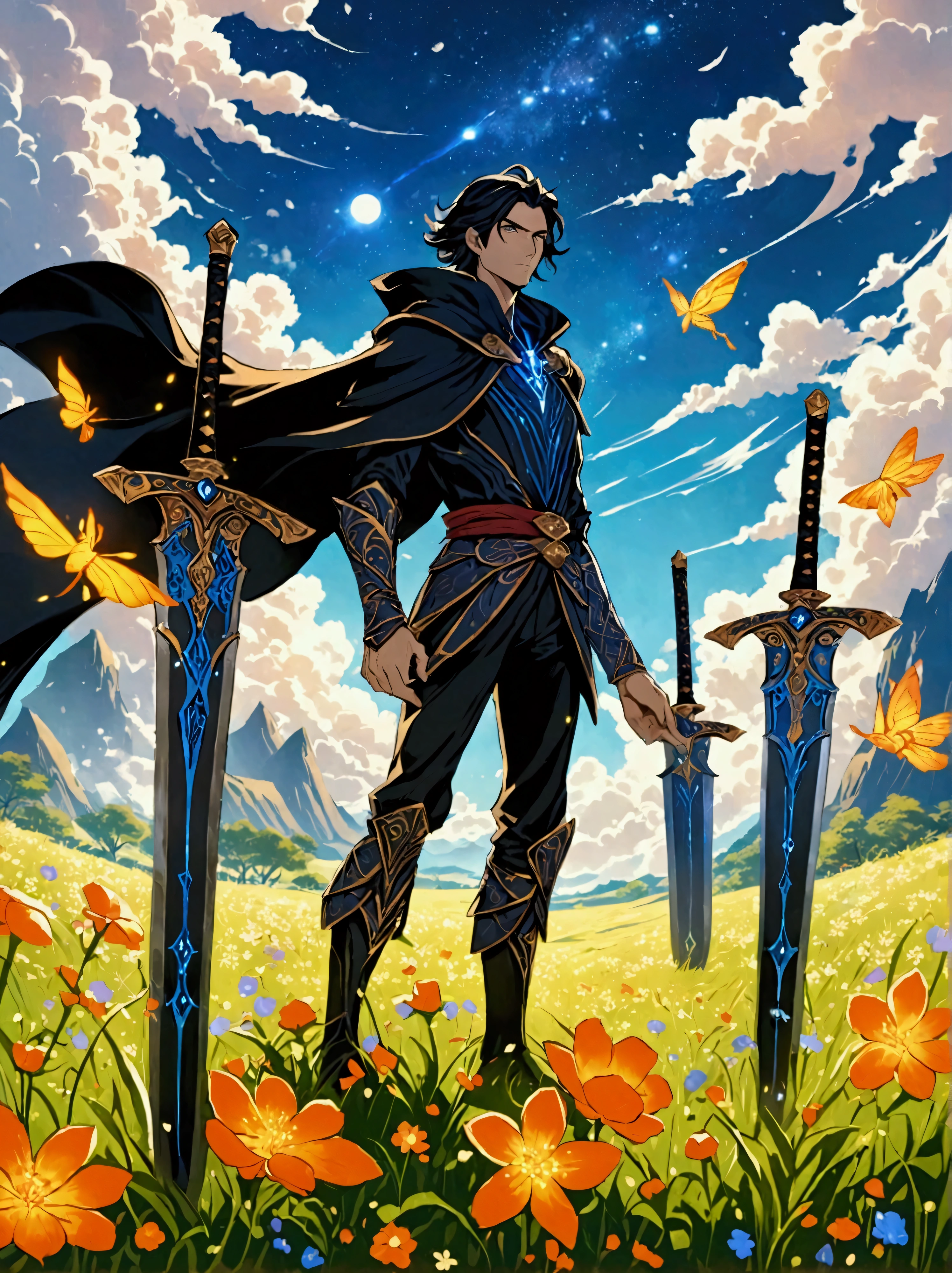 A standing figure of a male character resembling a sorcerer from a popular animated fantasy series, dressed in simplistic battle attire, located in a sword-infused meadow. The art style should mimic traditional Japanese animation, with strong outlines and vivid colors resonant of original animated series. The viewer's perspective should be from a low viewpoint to present the magnitude of the meadow and accentuate the swords around the character. The atmosphere should hint towards the fantastical, accentuating the magical components and epic demeanor of the scenario.