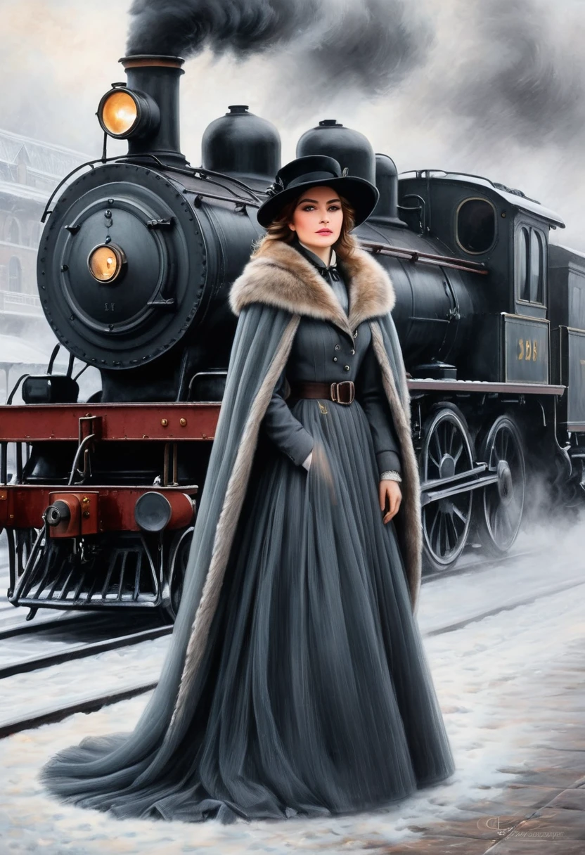 Pastel, black pencil hatching, charcoal drawing, toned paper, pencil drawing,
A historical scene set in a foggy train station. Foreground close-up, on camera, Anna Karenina, dressed in elegant 19th century winter attire, including a fur cape, hat, throws herself (((moving view, in front of the locomotive: 1.5))) under the locomotive. The train emits steam, creating a dramatic and nostalgic atmosphere. In the background are details of the train station with an industrial, vintage feel.