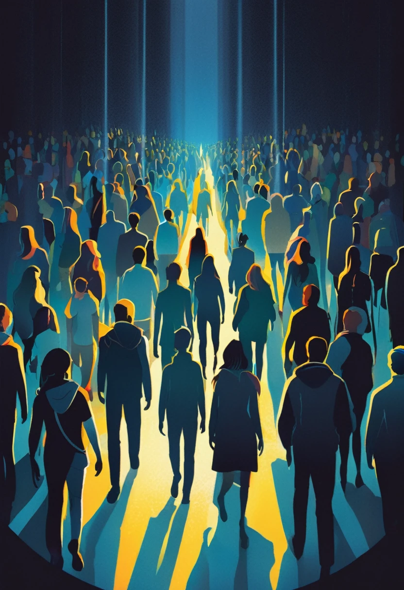 illustration of many people walking in a dark room towards a bright light. describes someone who is depressed and looking for hope.