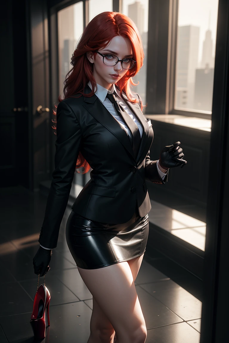 masterpiece, Best quality, red hair, Glasses, black suit with shiny skirt, tie, black gloves, (free hands:1.3)I look at the viewer, high heels, Indirect lighting, volumetric light, Best quality, ultra high resolution, 