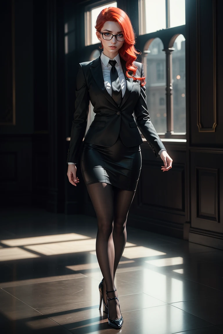 masterpiece, Best quality, red hair, Glasses, black suit with shiny skirt, tie, black gloves, (free hands:1.3)I look at the viewer, high heels, Indirect lighting, volumetric light, Best quality, ultra high resolution, 