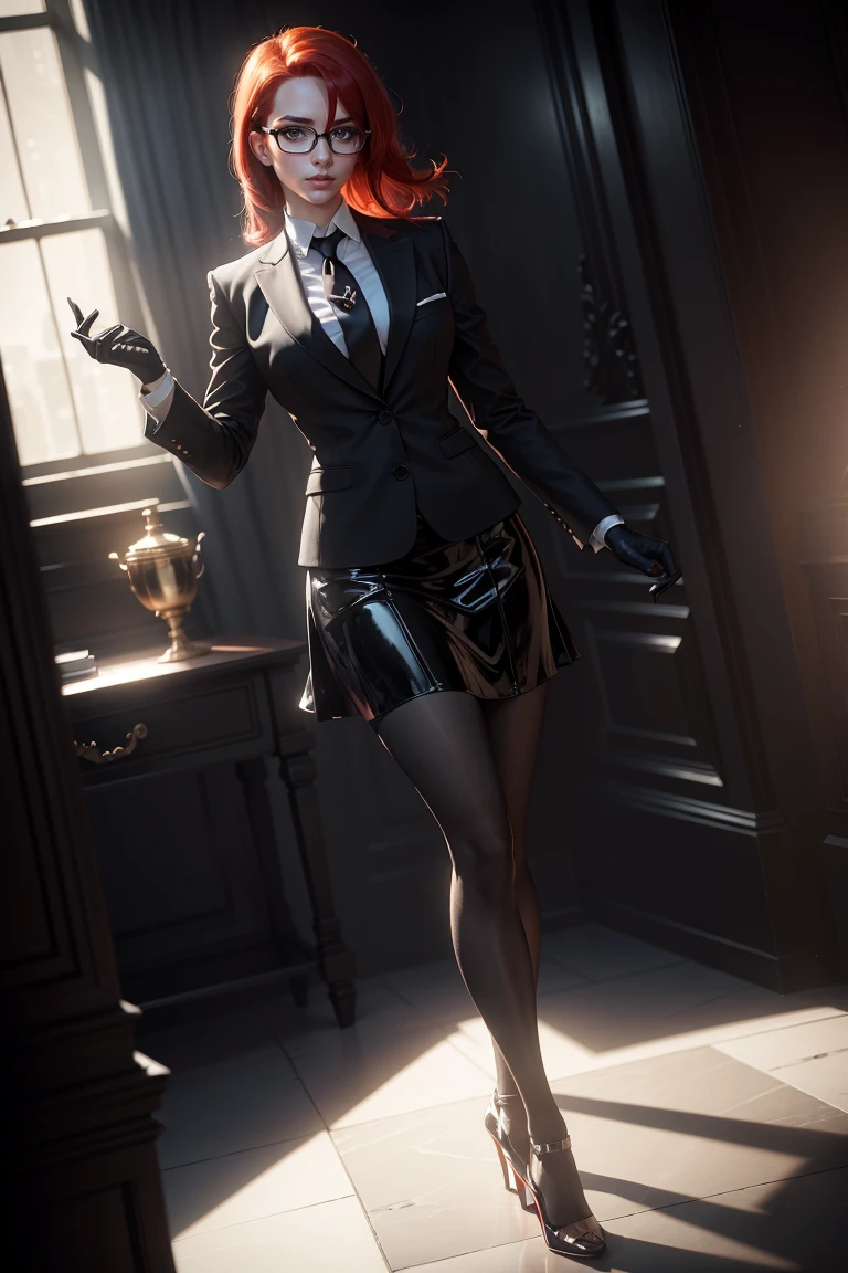 masterpiece, Best quality, red hair, Glasses, black suit with shiny skirt, tie, black gloves, (free hands:1.3)I look at the viewer, high heels, Indirect lighting, volumetric light, Best quality, ultra high resolution,