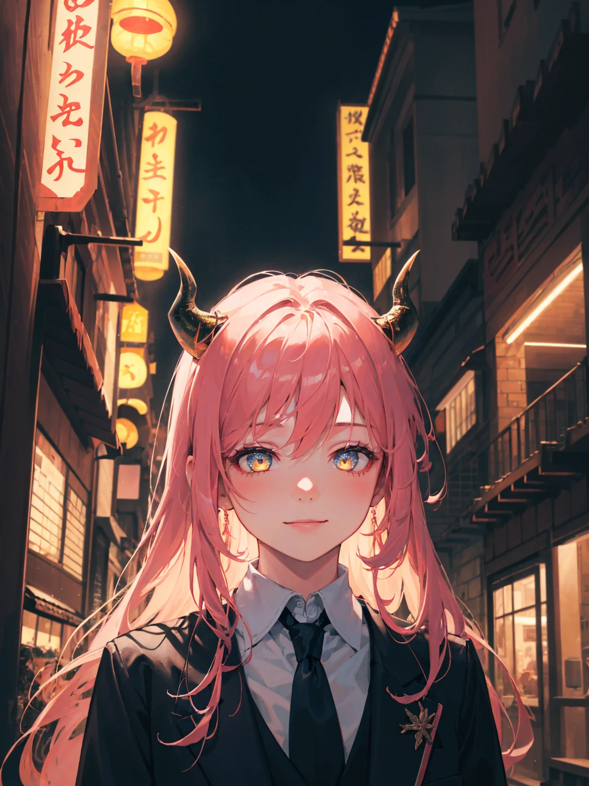 1girl, long pink hair, red horns, white collared shirt, black necktie, light smile, yellow eyes, corneo_power,, buildings,shops,town streets, dark sky, scenery,neon signs,night city, japanese lyrics,, , absurdres, detailed eyes, extremely detailed, volumetric lighting, realistic, realistic lighting, 8k, cinematic lighting, depth of field, perfect, hyper-detailed, photorealistic, ultra realistic, realistic light, hard lighting, intricate details, stop motion, tonemapping, sharp focus, hyper detailed,