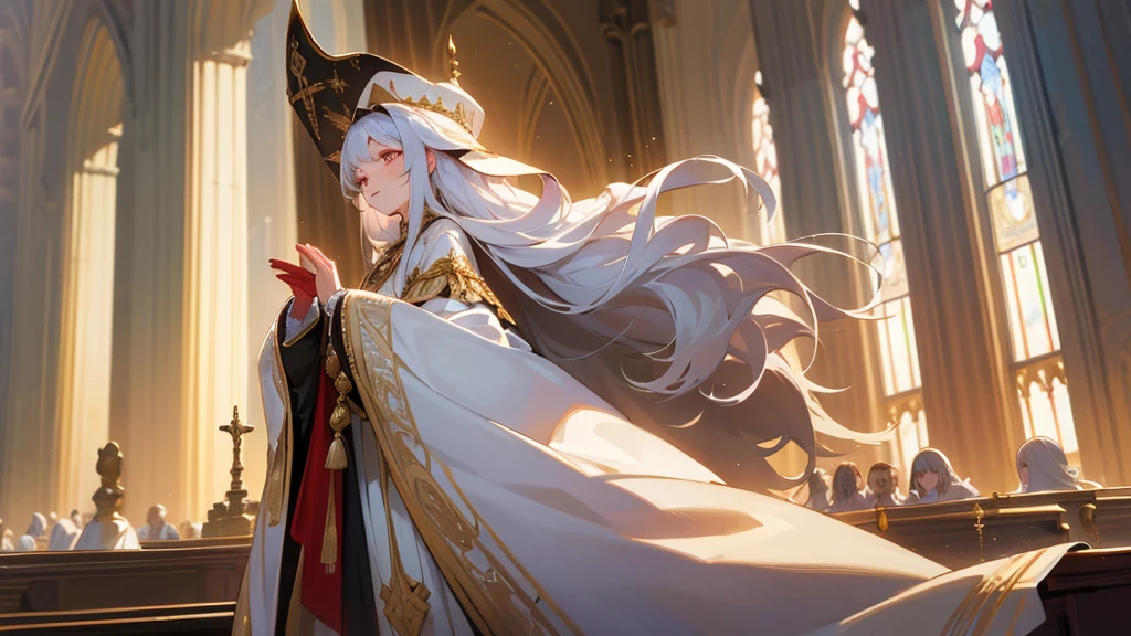 in front of the altar of a majestic church, casting judgement with magic, her voice echoing beautifully. Magic gathers around her, enveloping her in a holy aura as she chants, girl with long white hair, Classic White ballgown、long white embroidered gloves, pope's clothing and hat, long hair, ceremonial robes, mass vestments, enormous puffy sleeves, long cuffs with many buttons, golden embroidery, cross details, Long Train, lots of frills and lace, red capes, gently reaches out to you, gentle smile