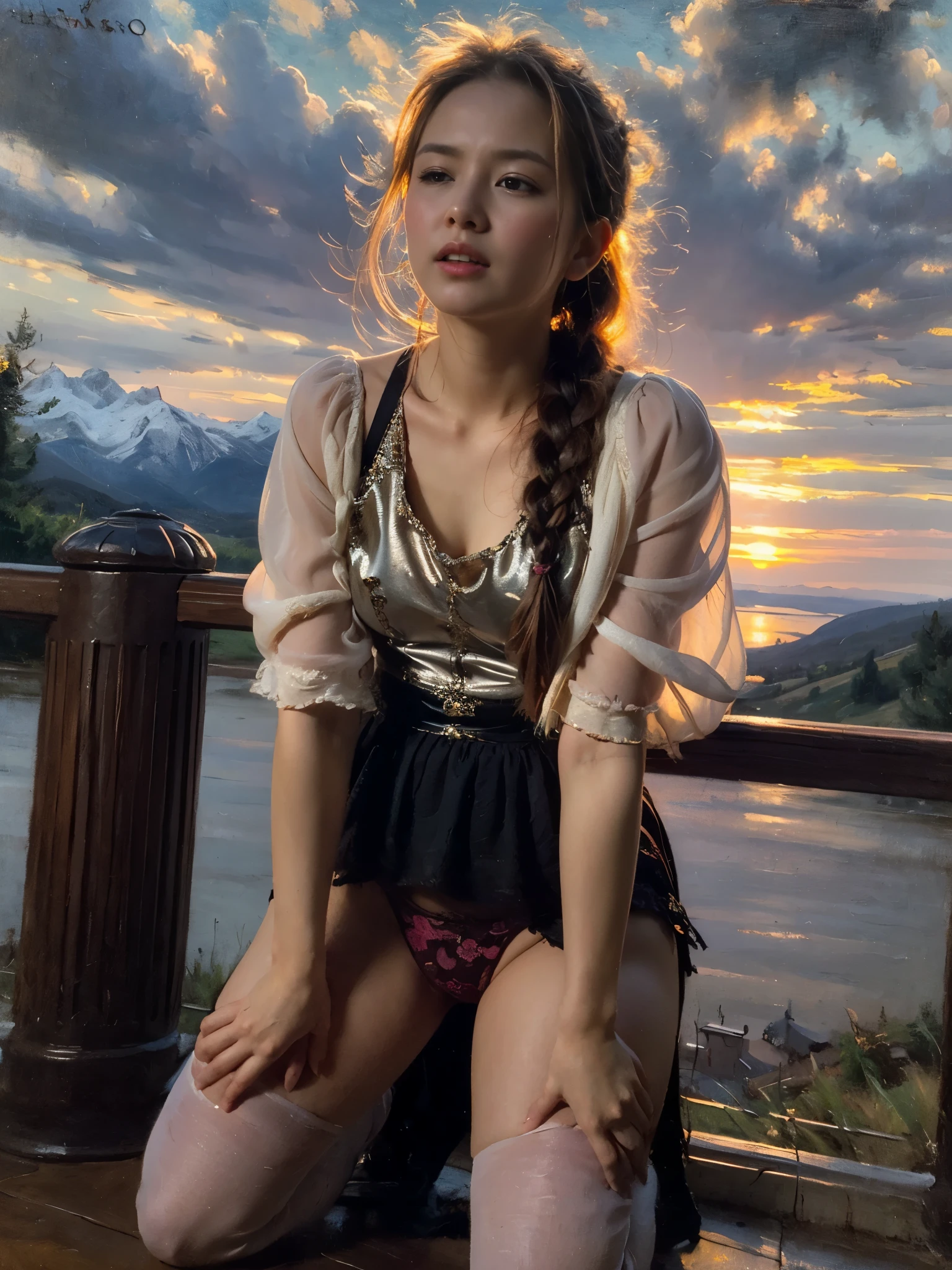 a woman, drooping eyes, ((styled old westerner oil painting)), outdoor, sunset sky, eyes realistic sizing, (round face), straddling bollard that is standing on the floor to hit her crotch, detailed panties, open legs, angle from side-below, braid, mountains,