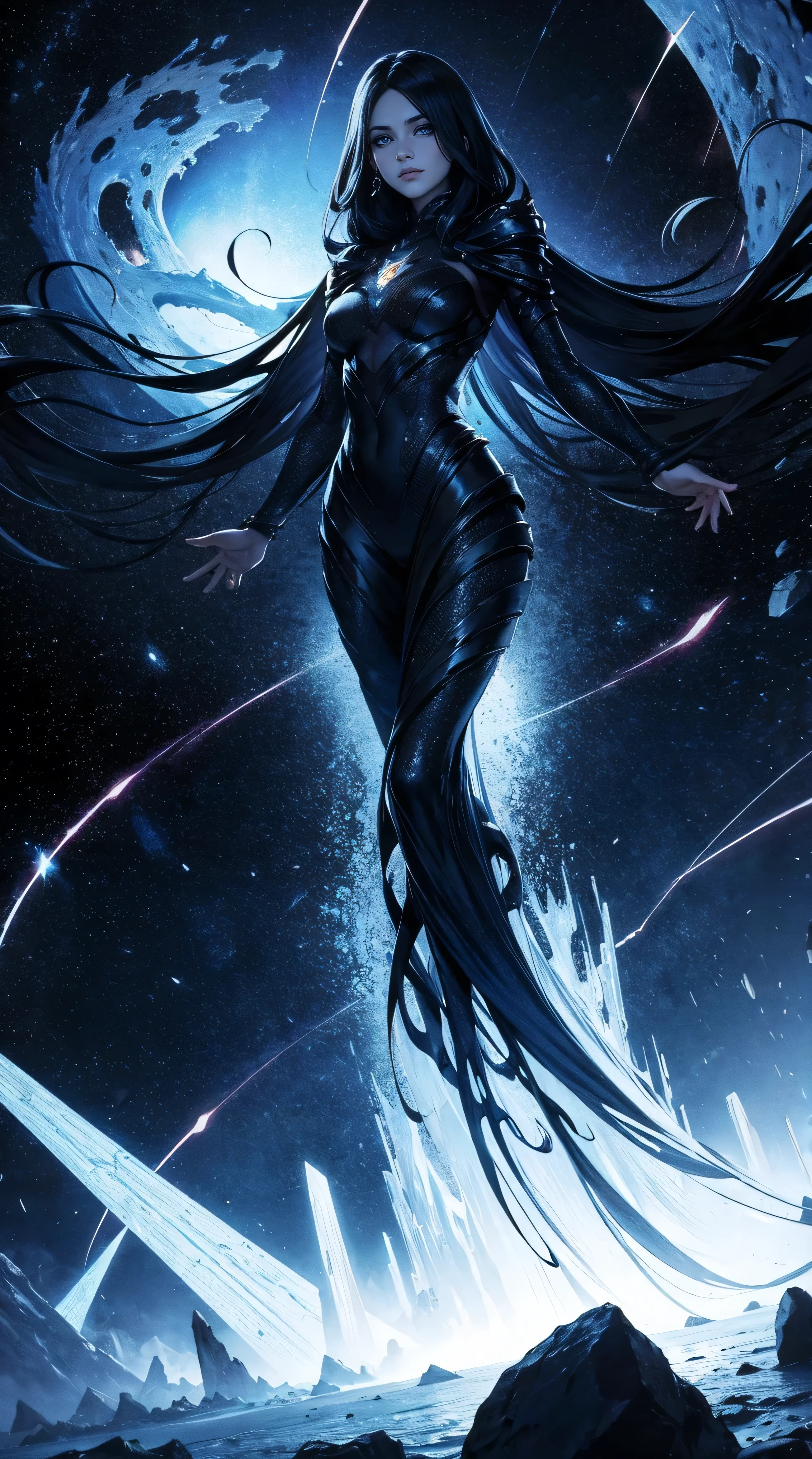 "cosmic entity": um ser com quatro olhos brilhantes, multiple arms, A breathtaking view from space reveals a twisted galaxy filled with strange life forms and entities that humans understand. Planet with night sky, fenda, leviathan, 8k, lindo, dramatic scene, buraco negro, void, woman, female
