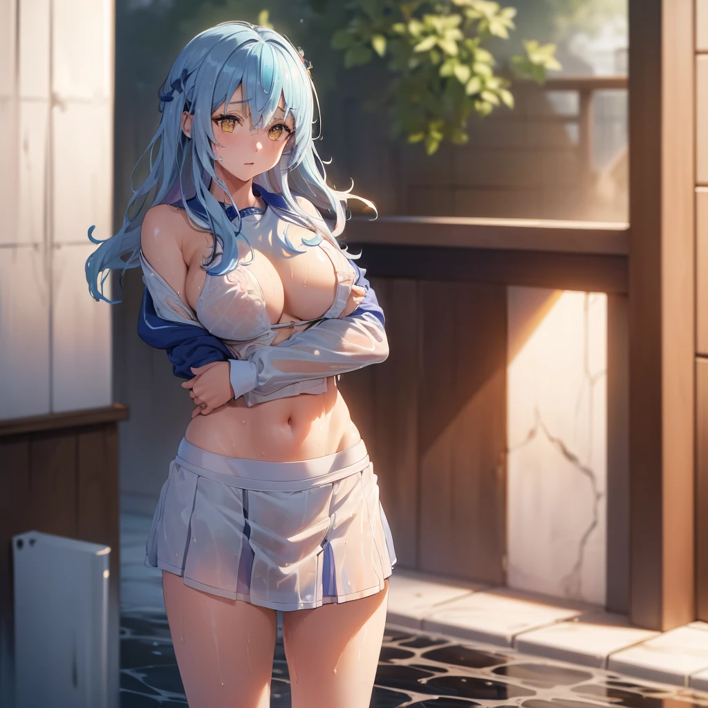 ((Clothing wetness: 1.4)), ((Underwear visible)), (Sailor suit), (Sheer skirt), Sunny blue sky, beach, (Perfect hands), (Perfect anatomy), (Perfect body structure ), ((2 arms)), ((2 legs)), ((Masterpiece, Best quality, High resolution, Ultra high resolution, Perfect pixels, Burned border depth, 4K, Super detailed)), HDR, Studio lighting, Sharp focus, Bright colors, Portrait, Warm tones, Soft lighting, standing,nipple，Nipple bulge